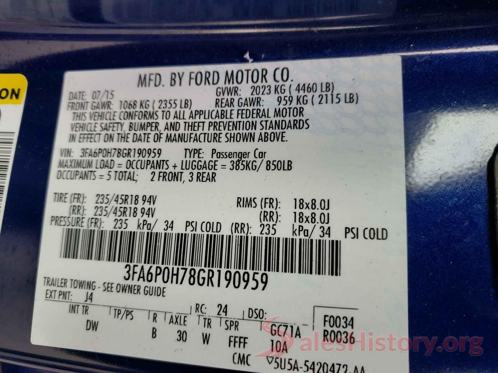 3FA6P0H78GR190959 2016 FORD FUSION