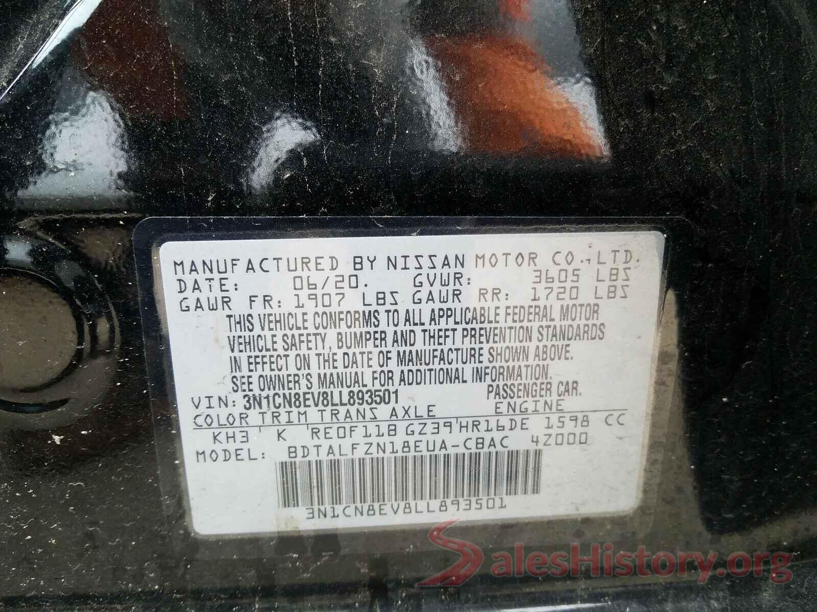 3N1CN8EV8LL893501 2020 NISSAN VERSA