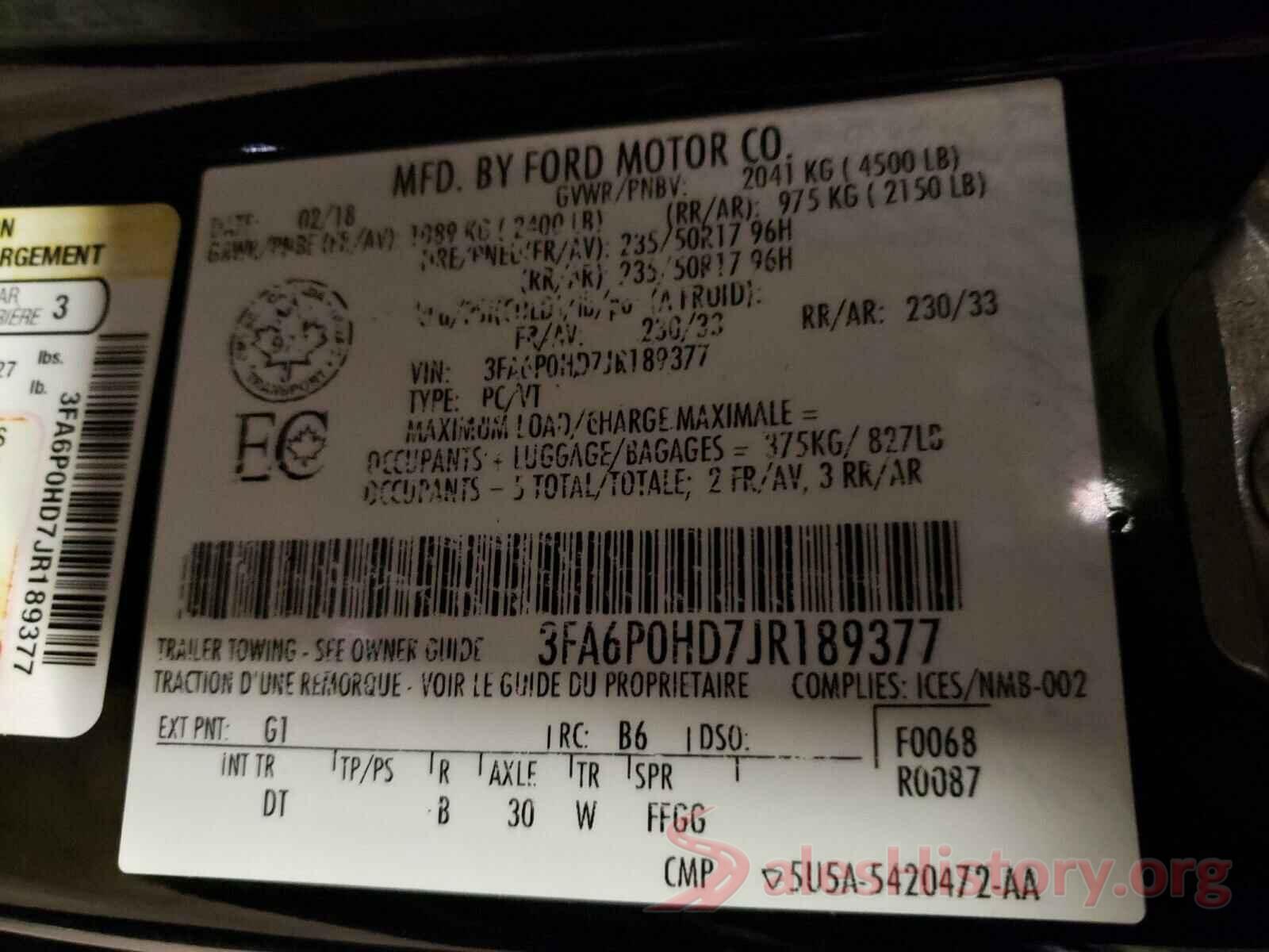 3FA6P0HD7JR189377 2018 FORD FUSION