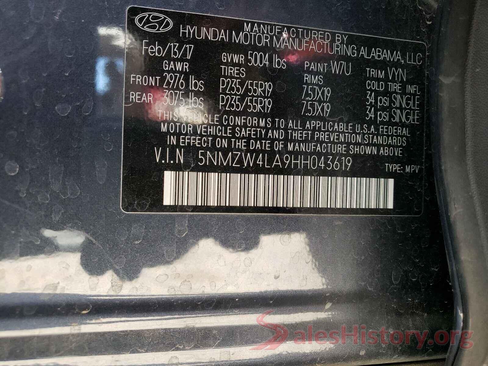 5NMZW4LA9HH043619 2017 HYUNDAI SANTA FE