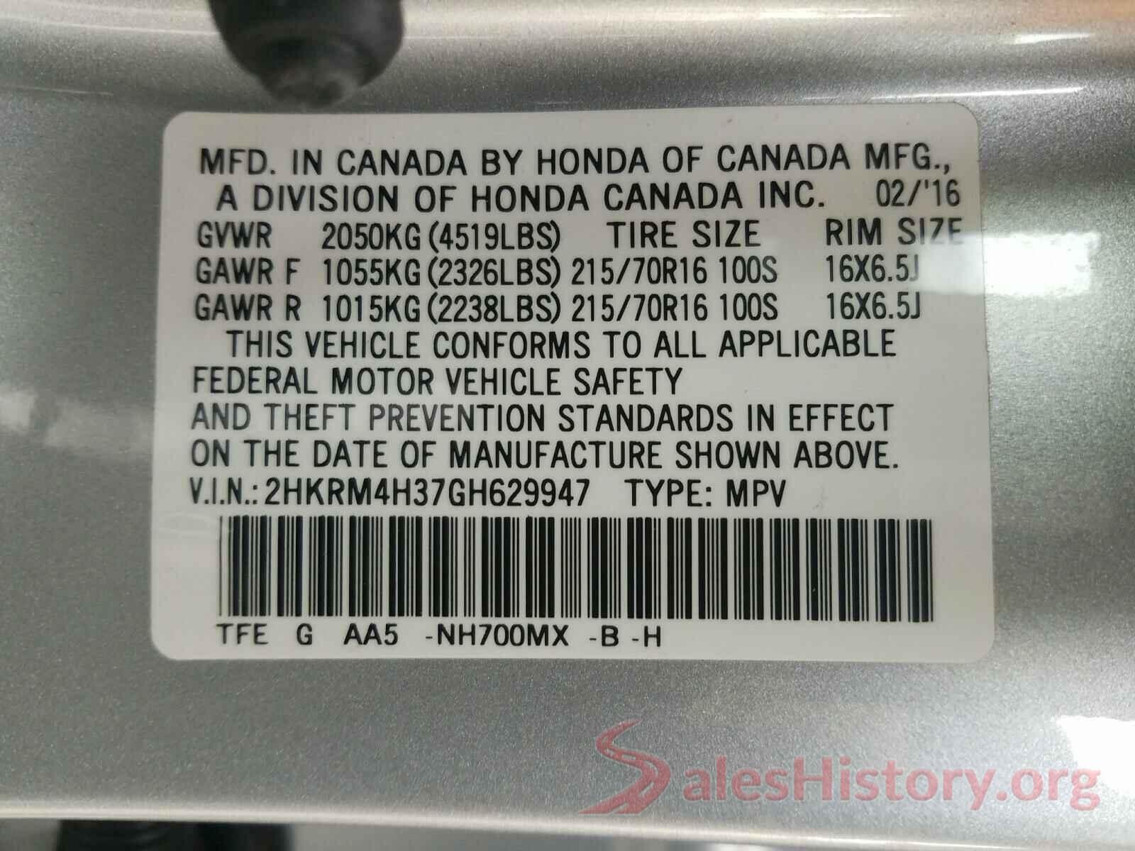 2HKRM4H37GH629947 2016 HONDA CRV