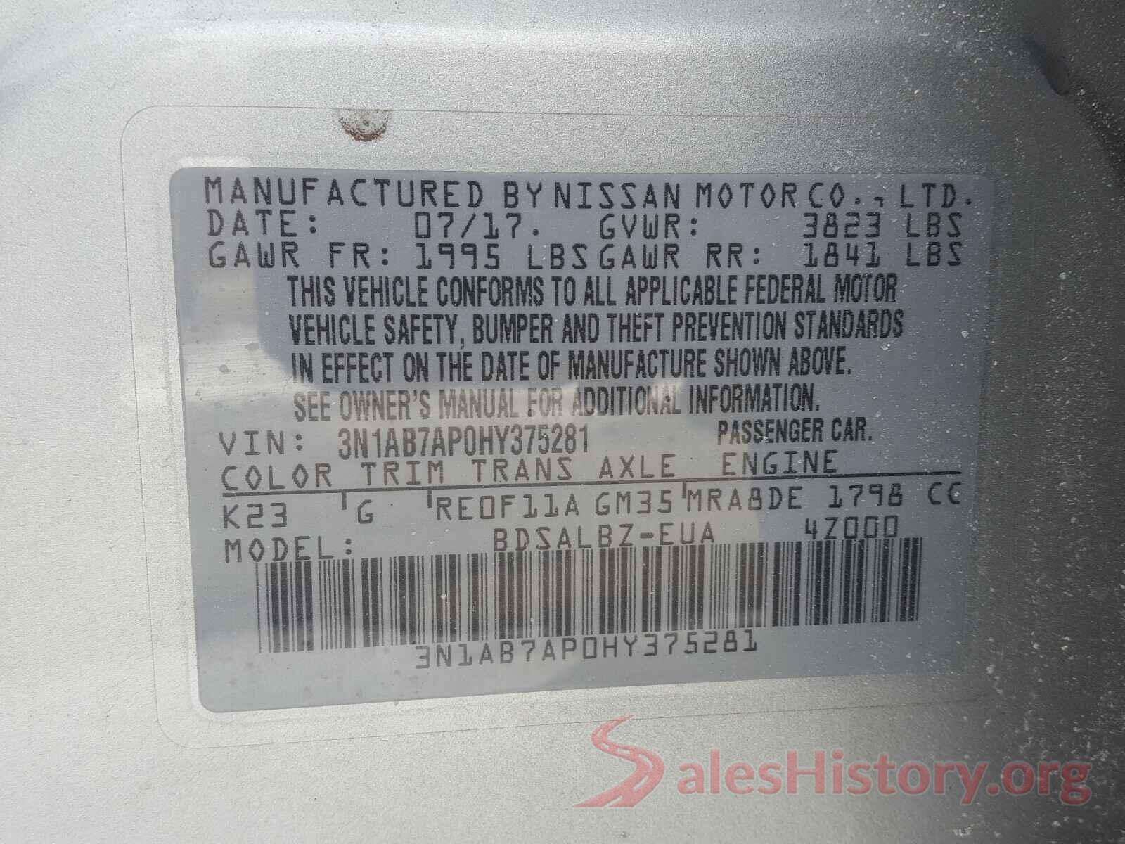 3N1AB7AP0HY375281 2017 NISSAN SENTRA