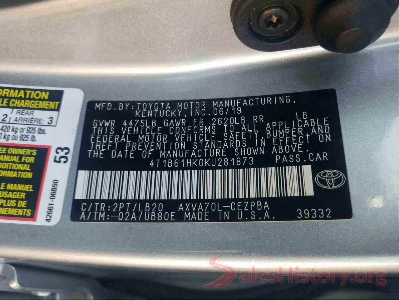 4T1B61HK0KU281873 2019 TOYOTA CAMRY