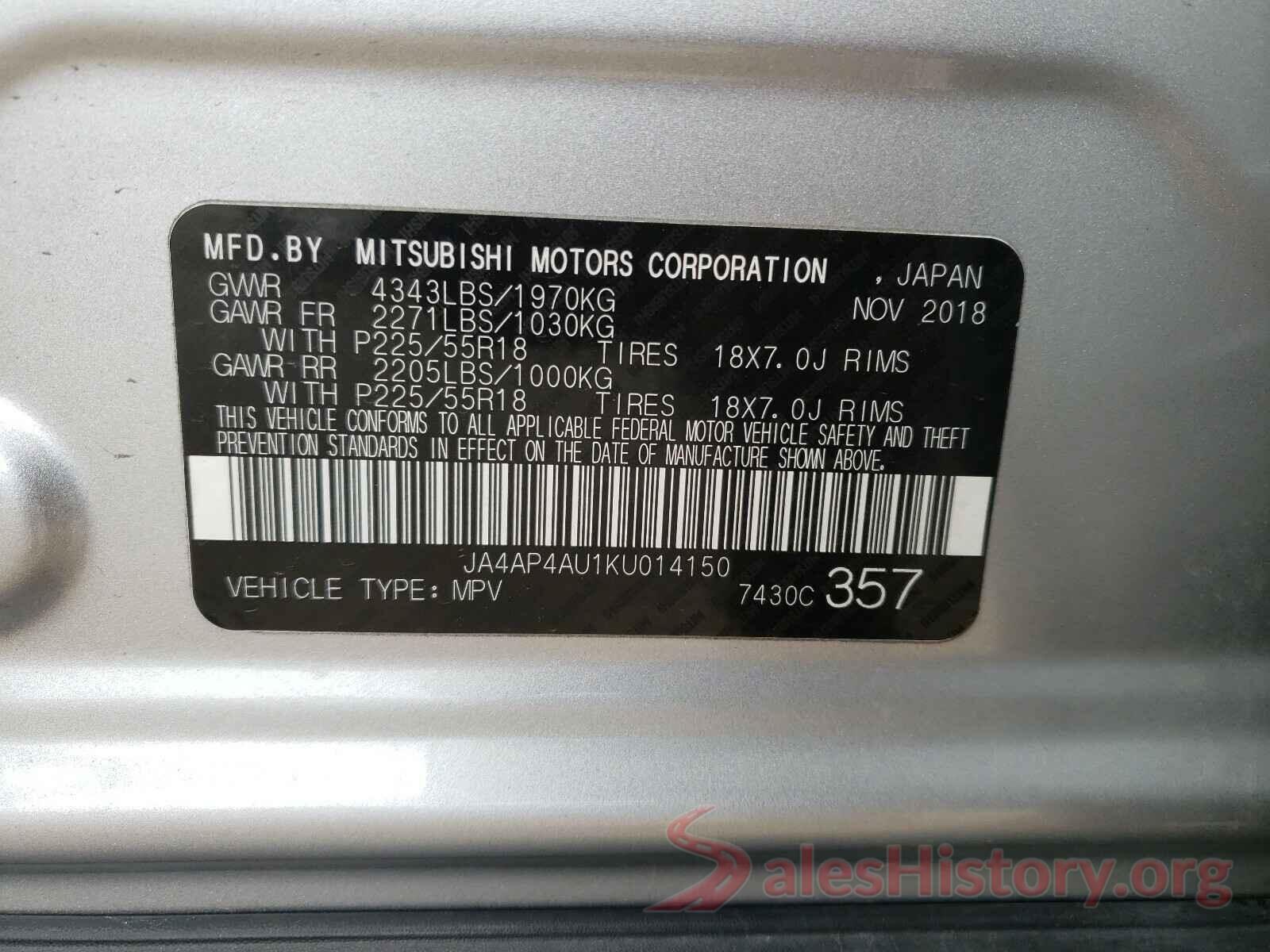 JA4AP4AU1KU014150 2019 MITSUBISHI OUTLANDER