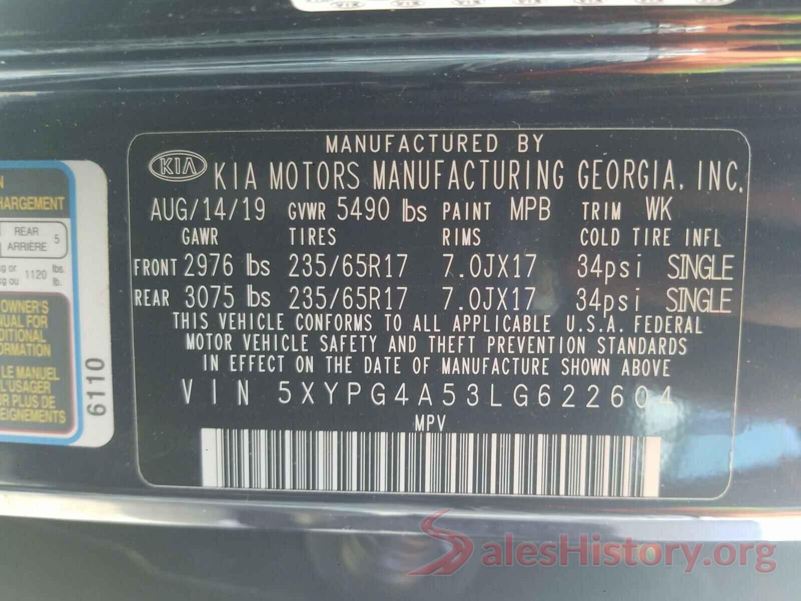 5XYPG4A53LG622604 2020 KIA SORENTO