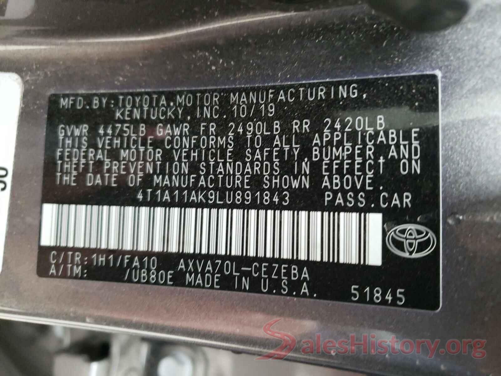 4T1A11AK9LU891843 2020 TOYOTA CAMRY