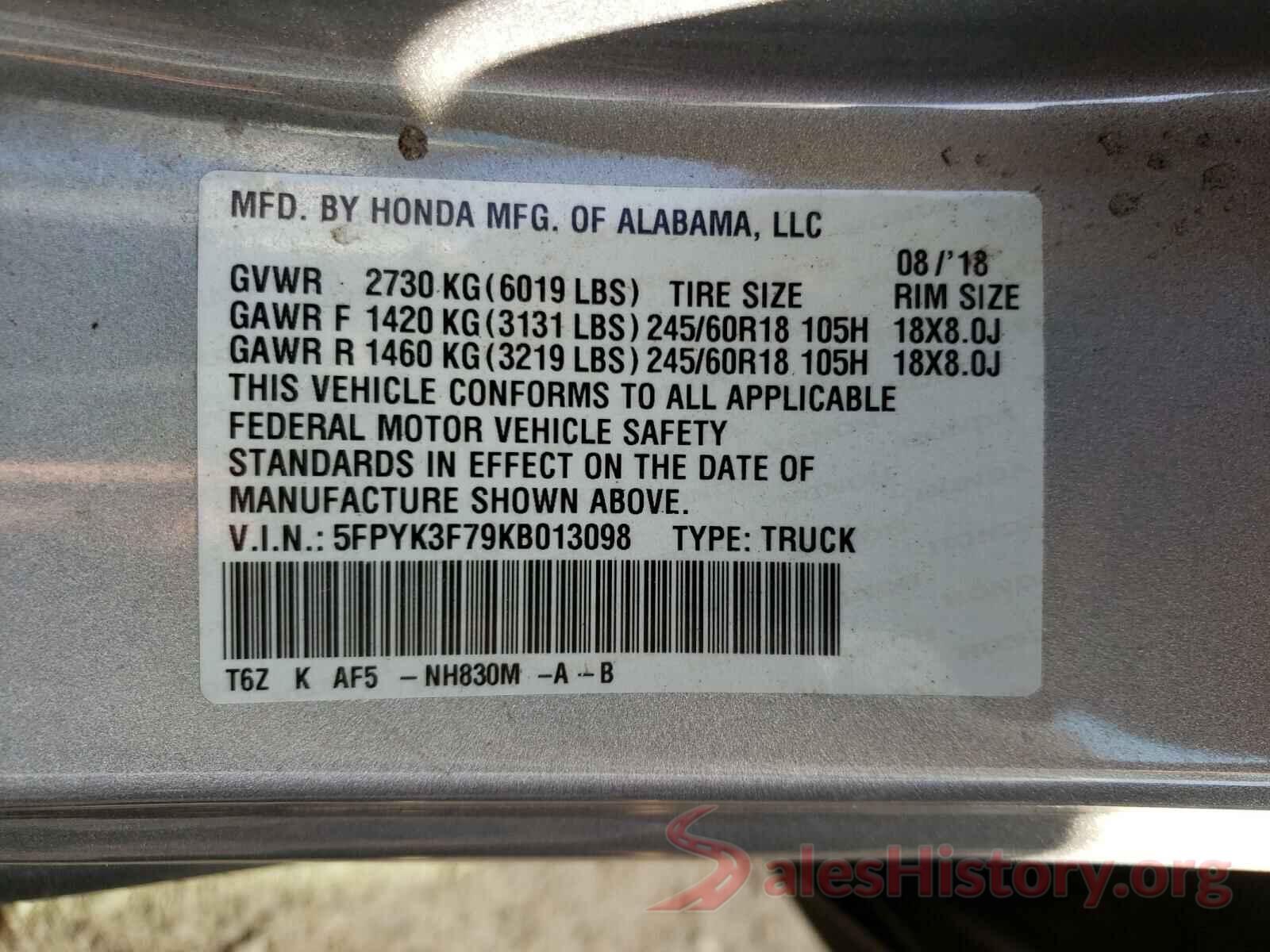 5FPYK3F79KB013098 2019 HONDA RIDGELINE