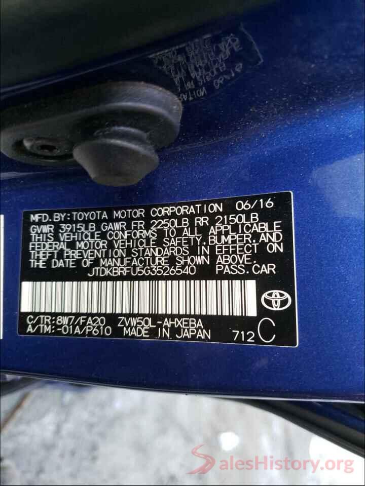 JTDKBRFU5G3526540 2016 TOYOTA PRIUS