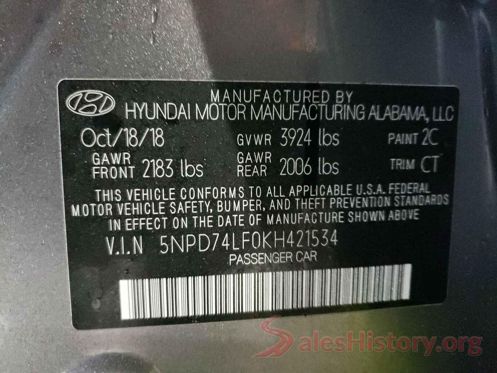 5NPD74LF0KH421534 2019 HYUNDAI ELANTRA