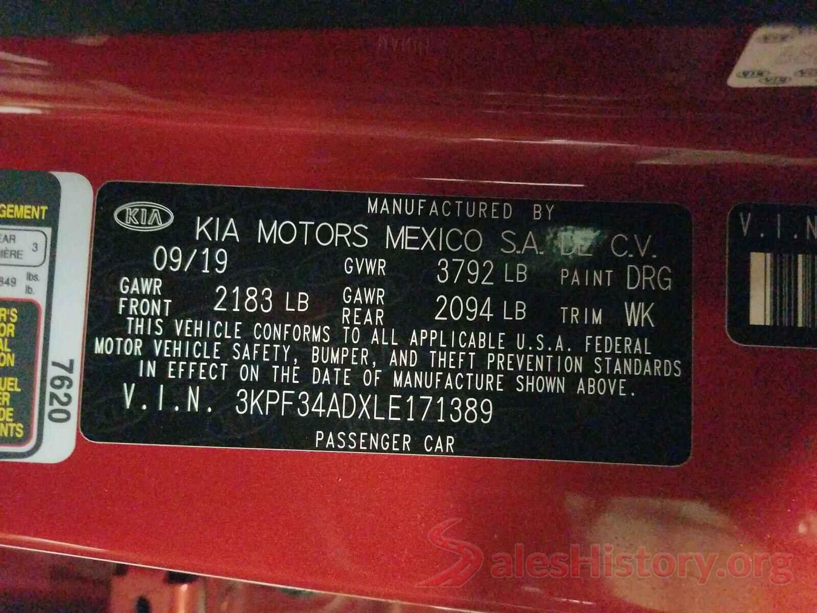 3KPF34ADXLE171389 2020 KIA FORTE