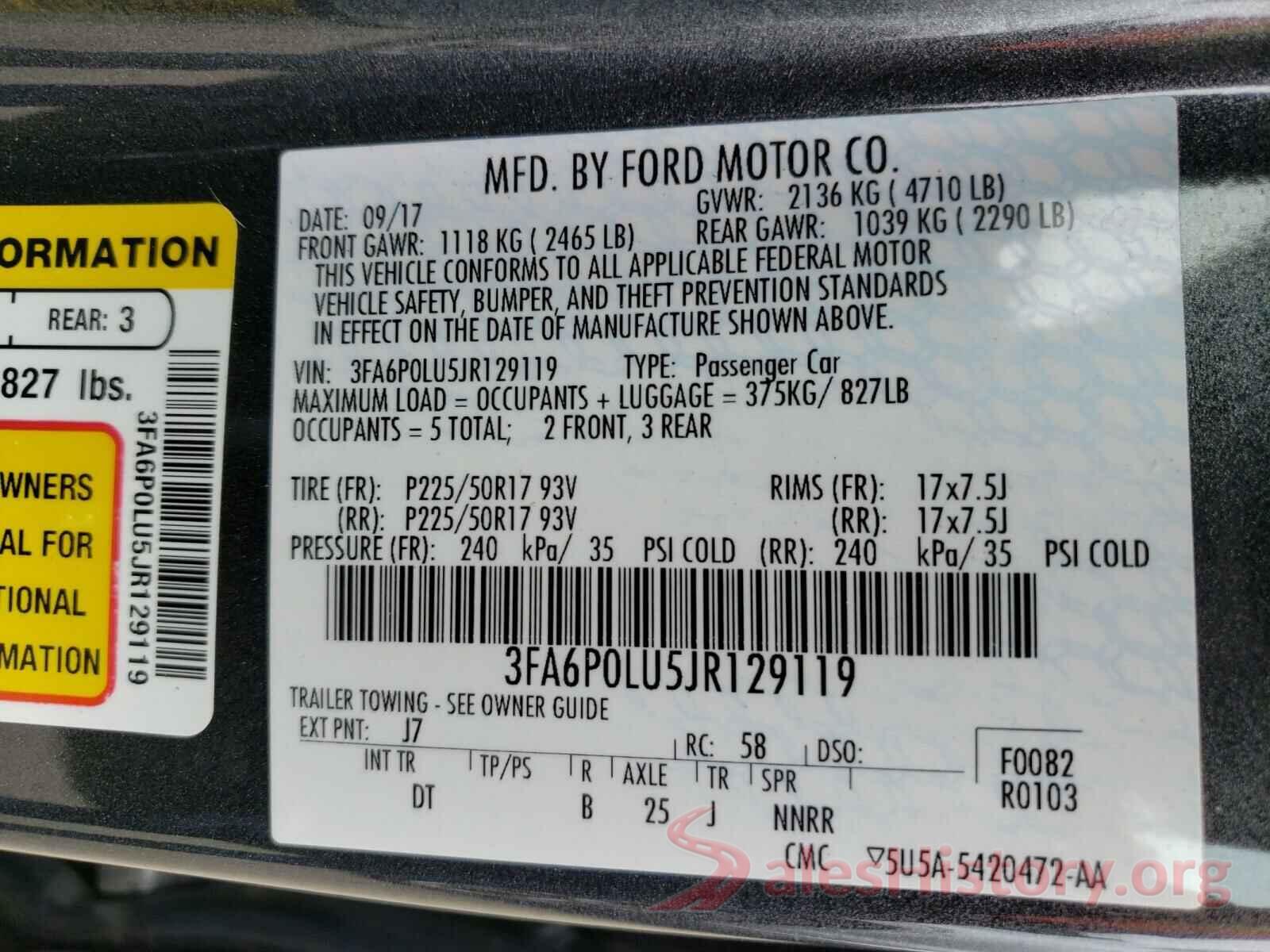 3FA6P0LU5JR129119 2018 FORD FUSION