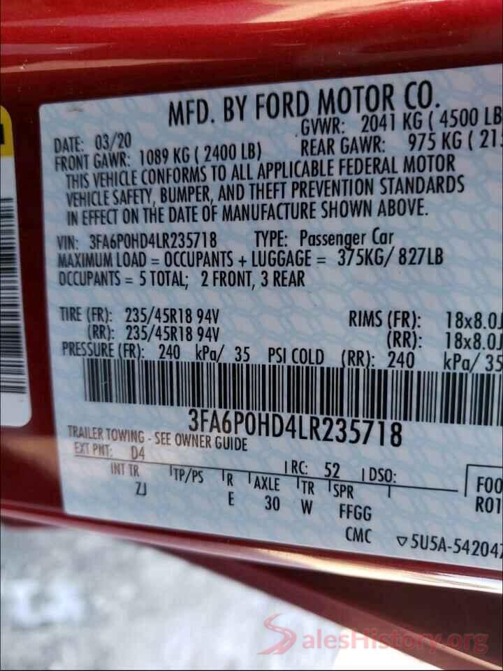 3FA6P0HD4LR235718 2020 FORD FUSION