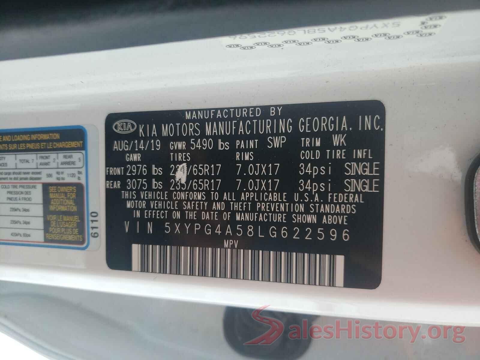 5XYPG4A58LG622596 2020 KIA SORENTO