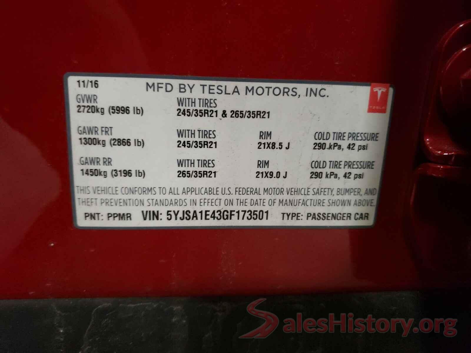 5YJSA1E43GF173501 2016 TESLA MODEL S