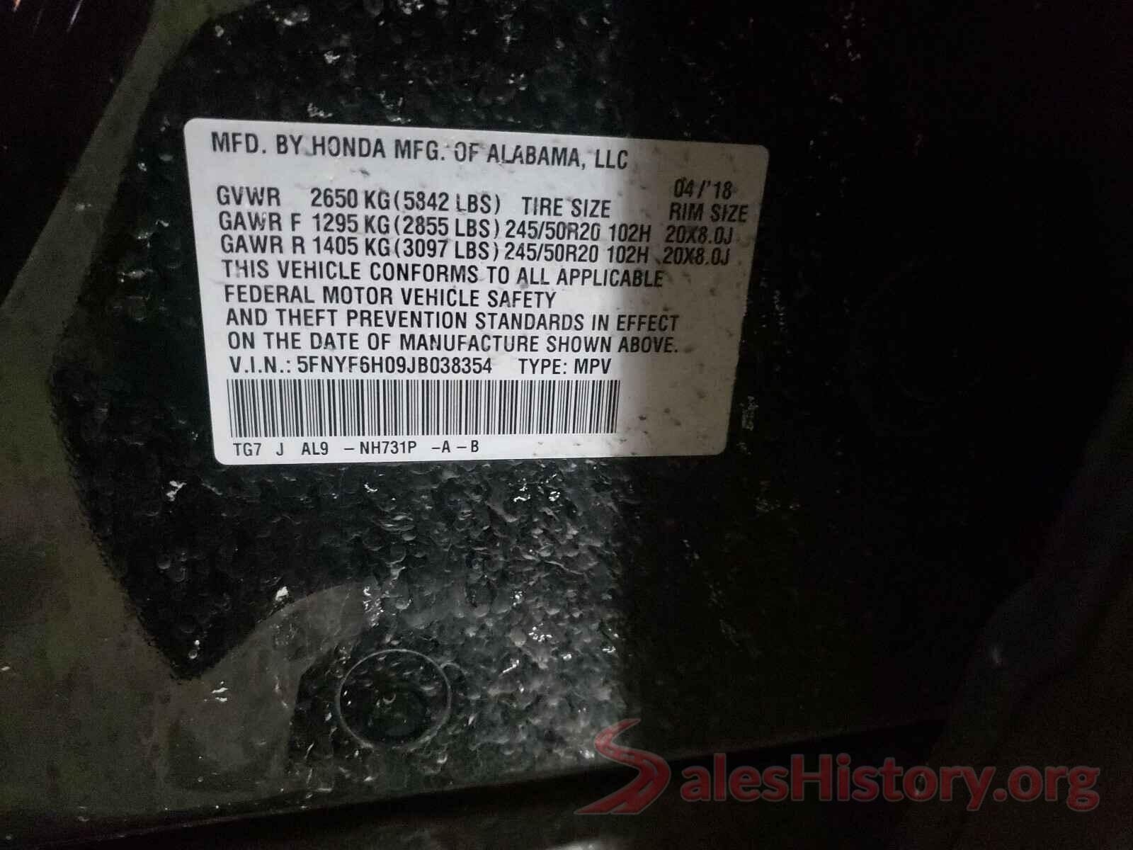 5FNYF6H09JB038354 2018 HONDA PILOT