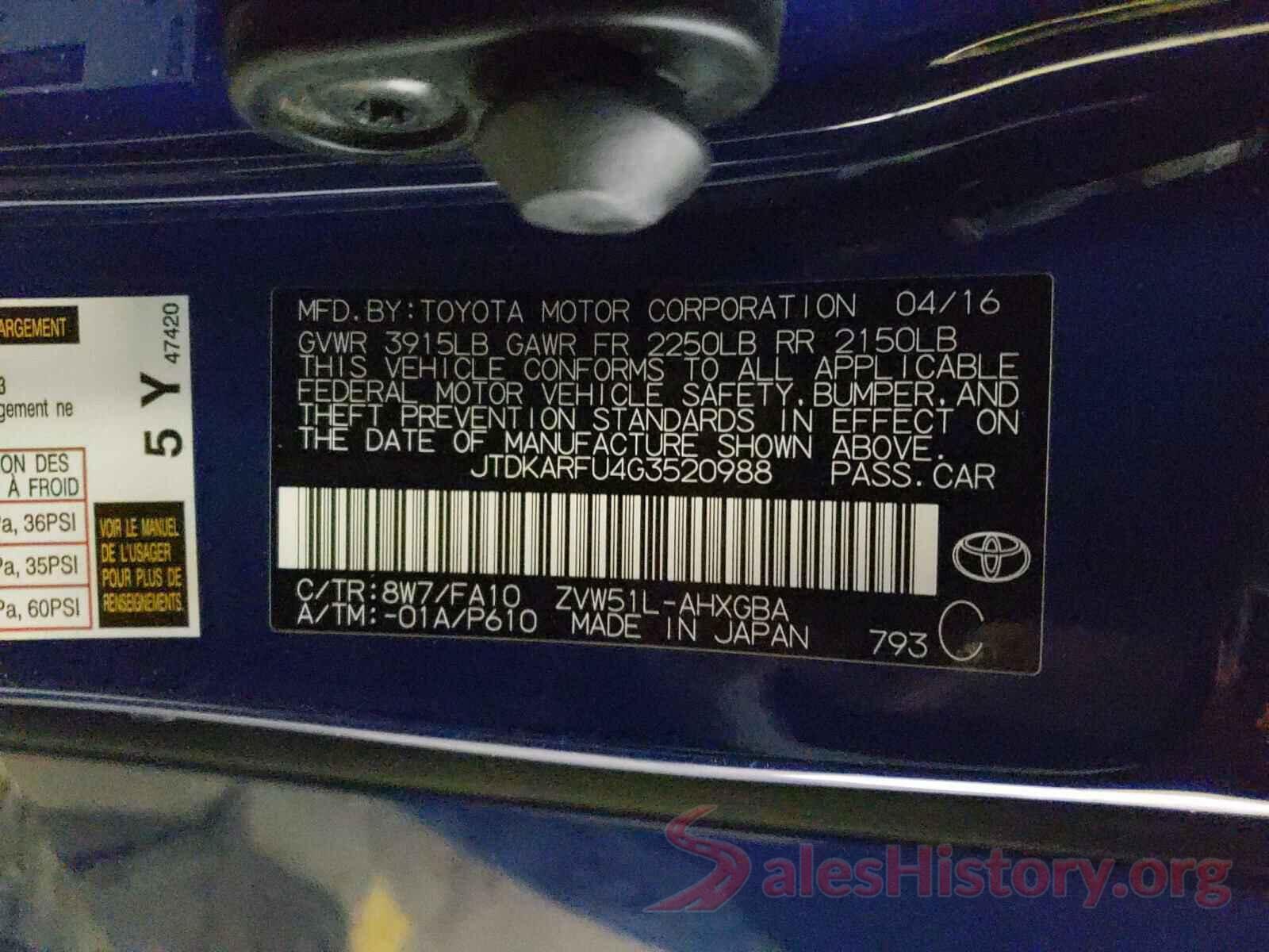 JTDKARFU4G3520988 2016 TOYOTA PRIUS