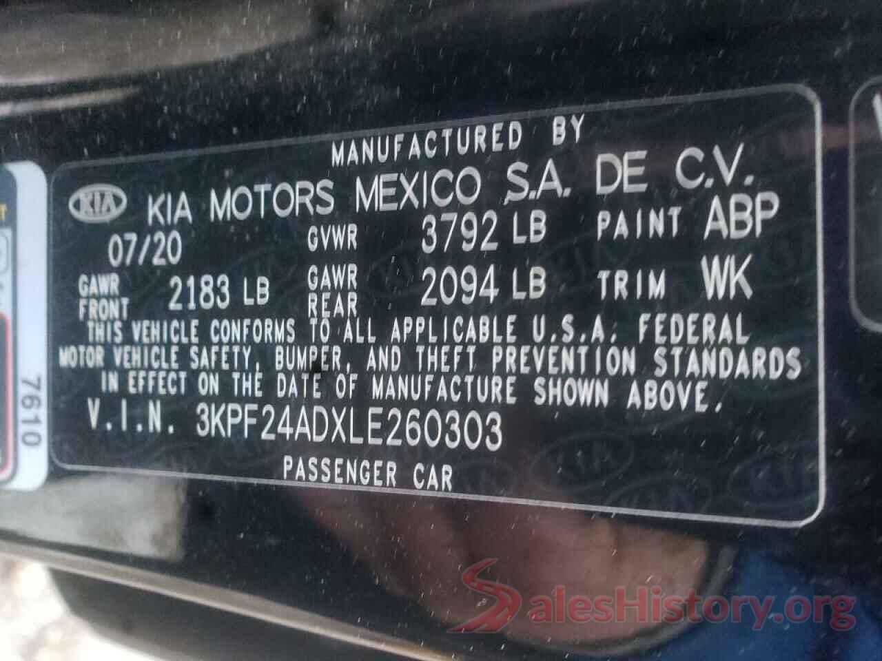 3KPF24ADXLE260303 2020 KIA FORTE