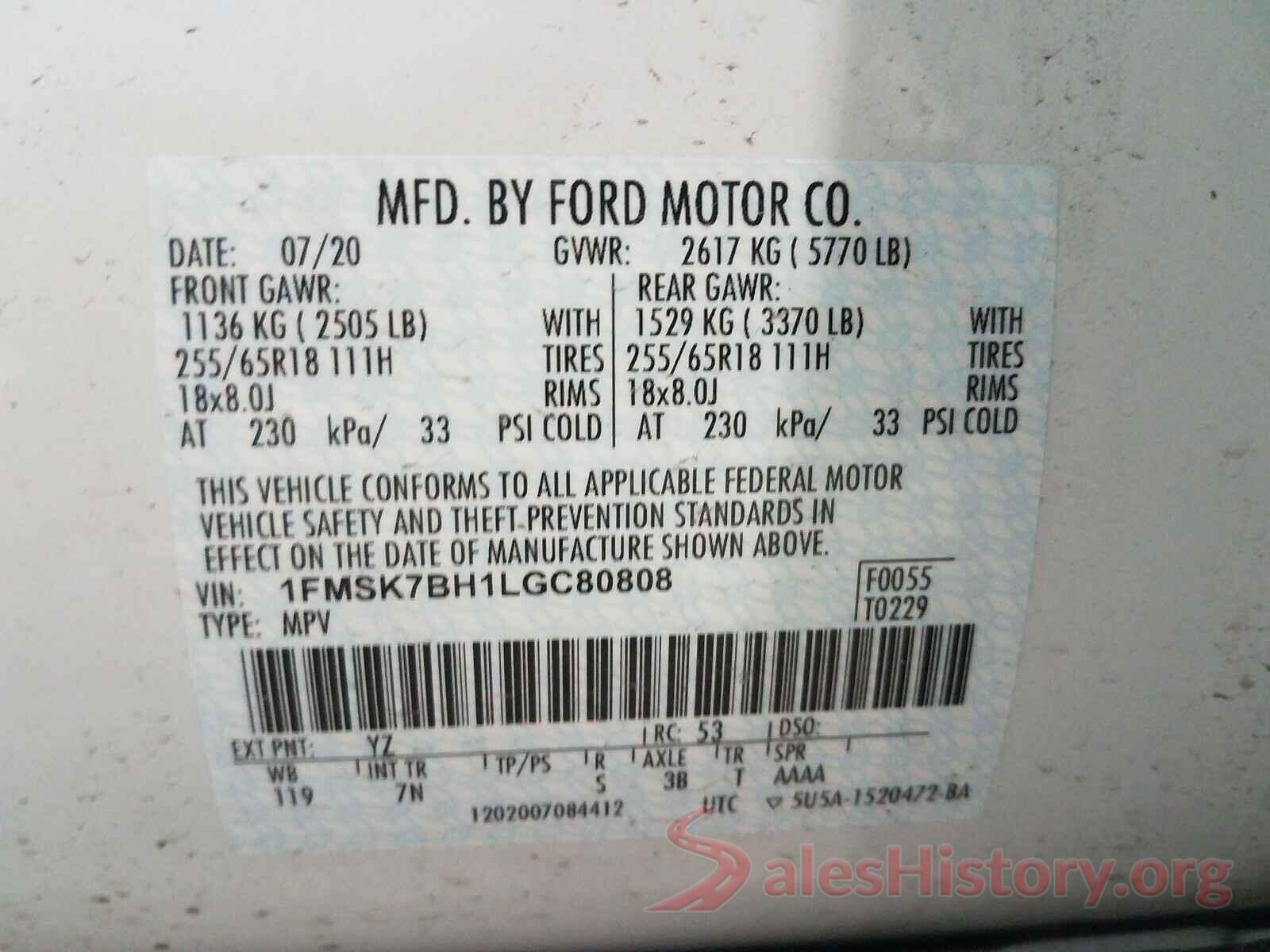 1FMSK7BH1LGC80808 2020 FORD EXPLORER