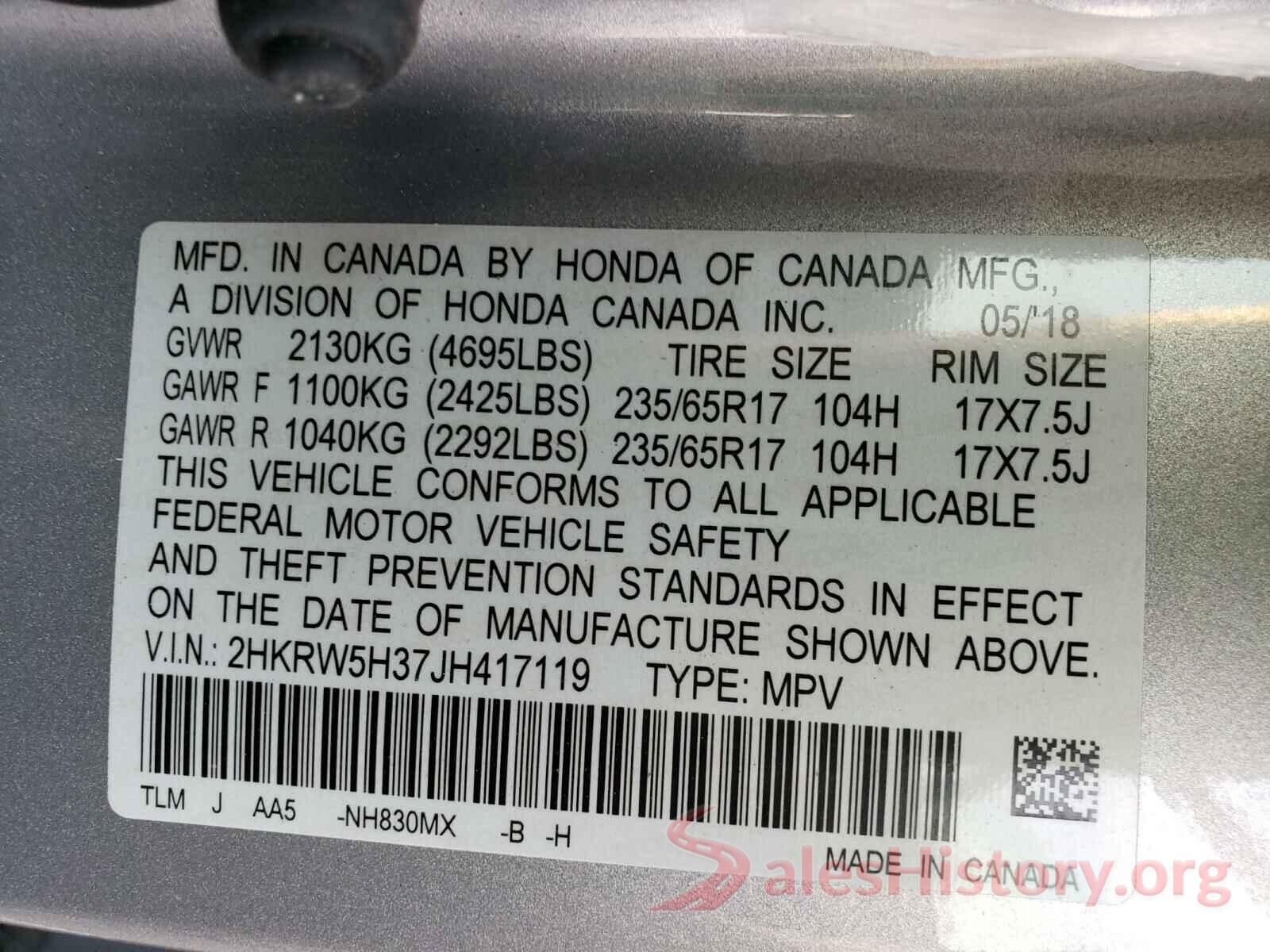 2HKRW5H37JH417119 2018 HONDA CRV