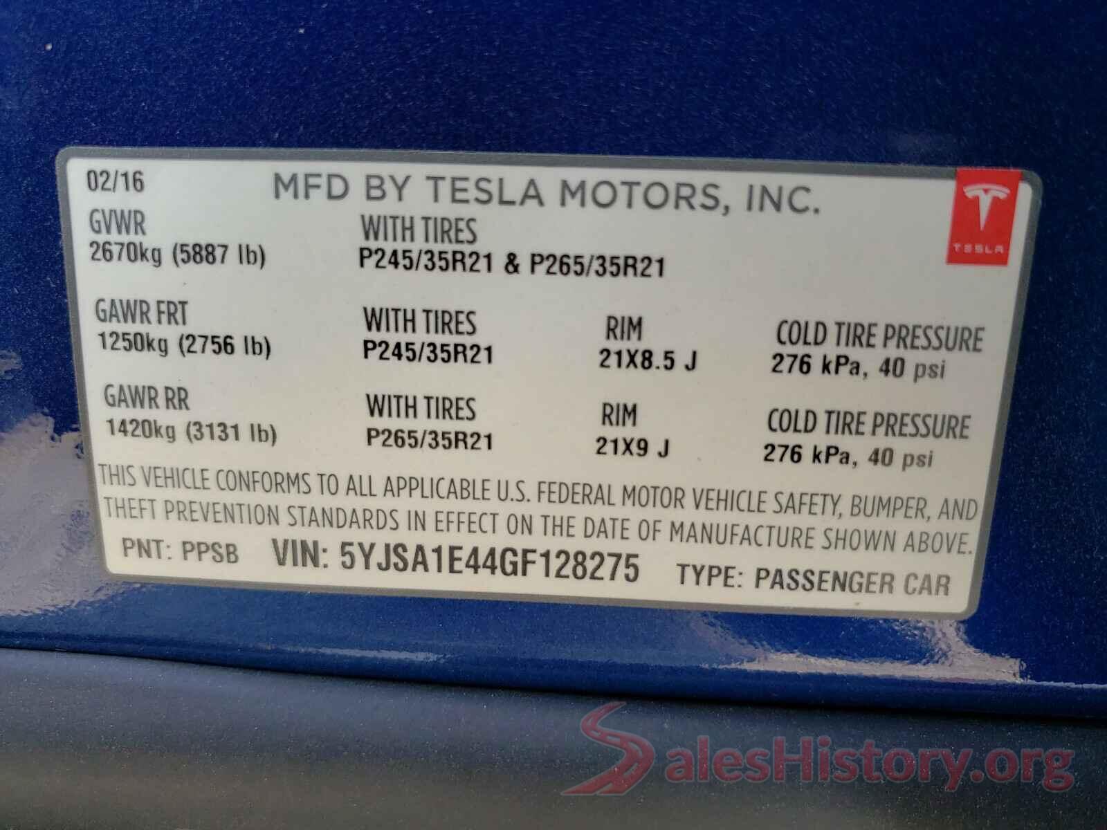 5YJSA1E44GF128275 2016 TESLA MODEL S