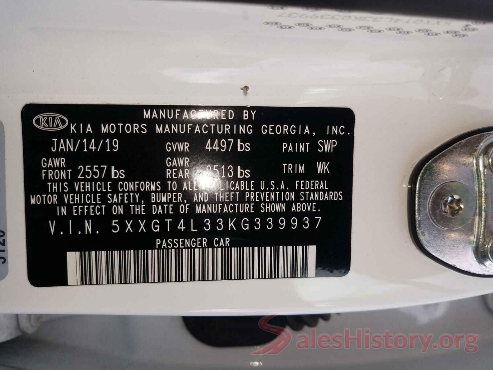 5XXGT4L33KG339937 2019 KIA OPTIMA