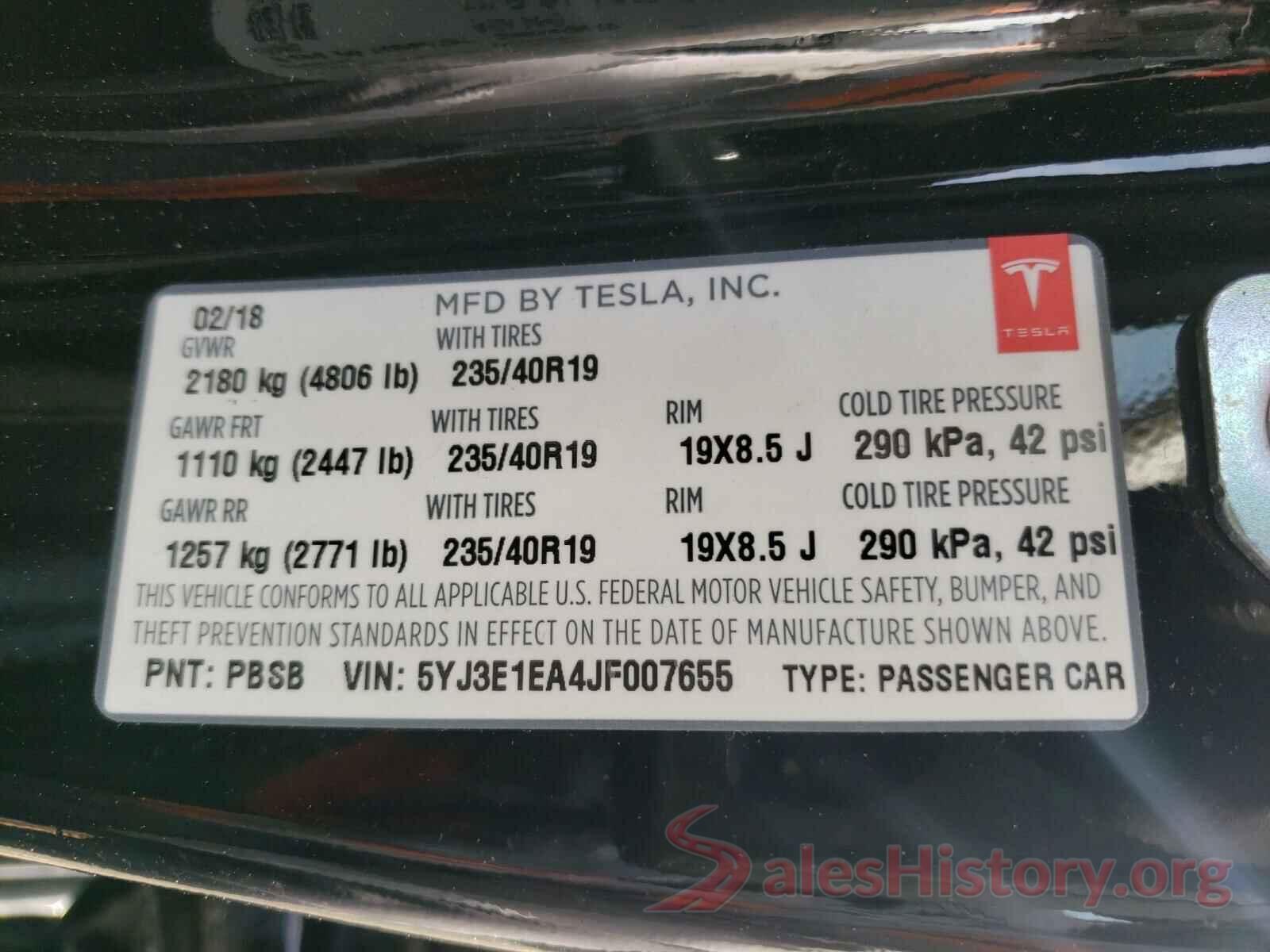 5YJ3E1EA4JF007655 2018 TESLA MODEL 3