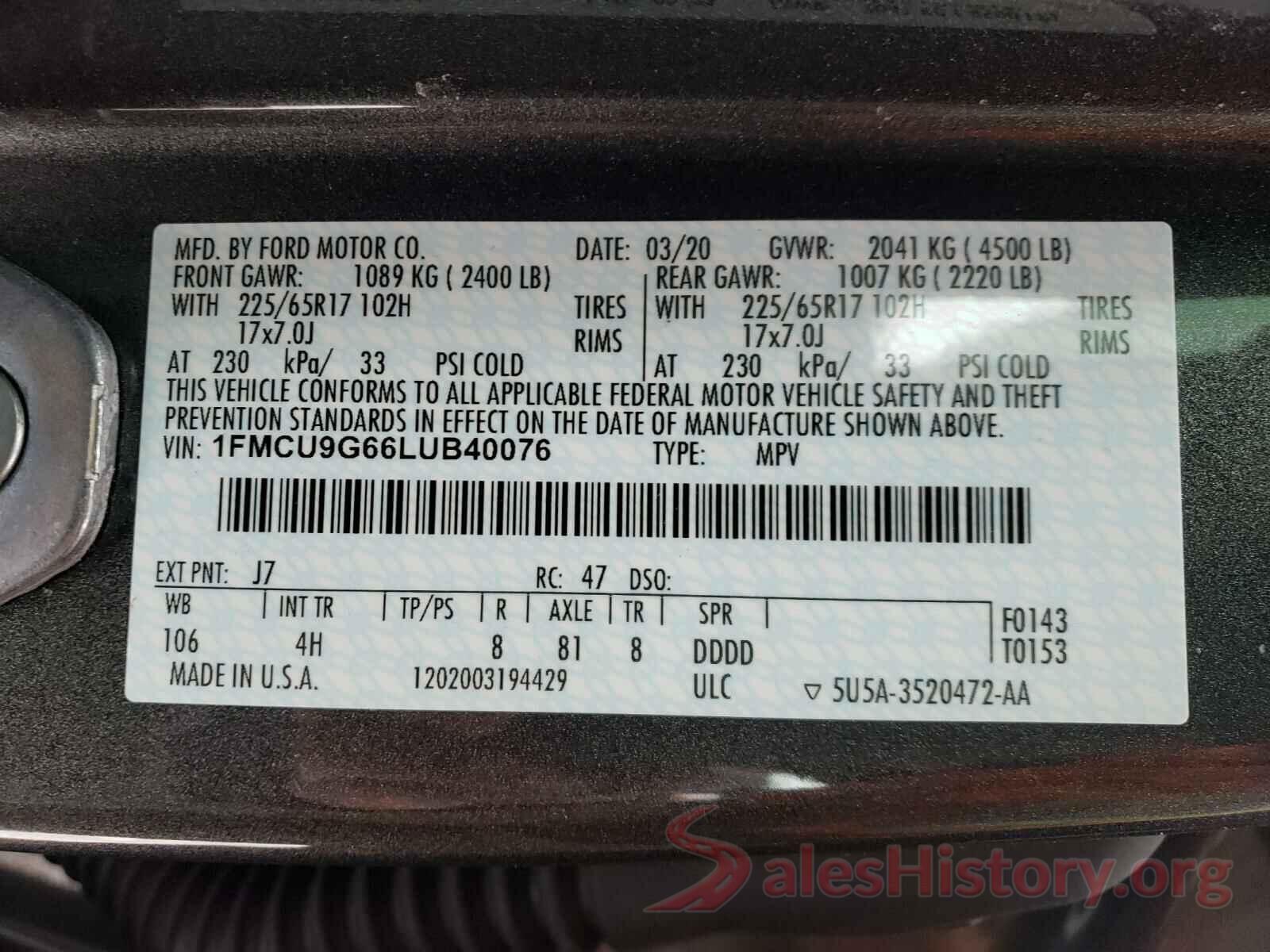 1FMCU9G66LUB40076 2020 FORD ESCAPE