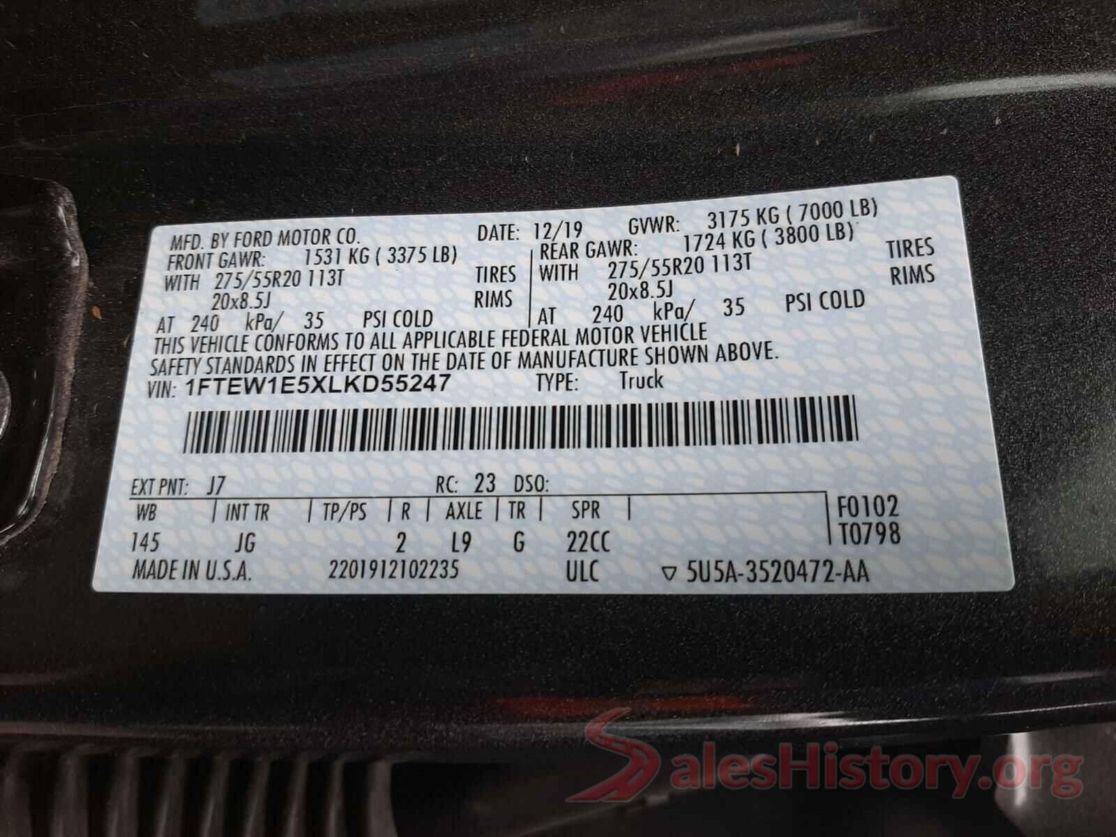 1FTEW1E5XLKD55247 2020 FORD F150