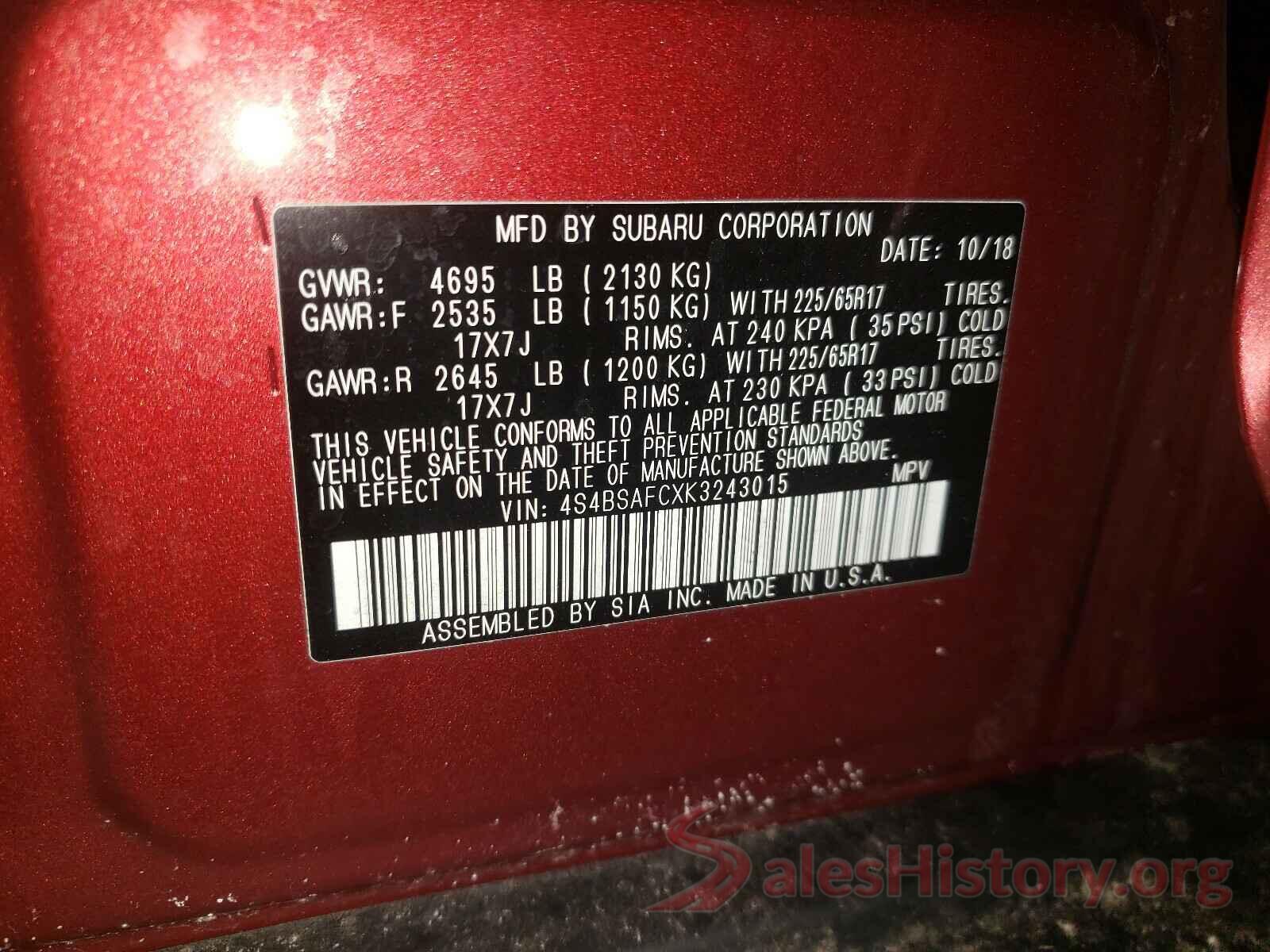 4S4BSAFCXK3243015 2019 SUBARU OUTBACK