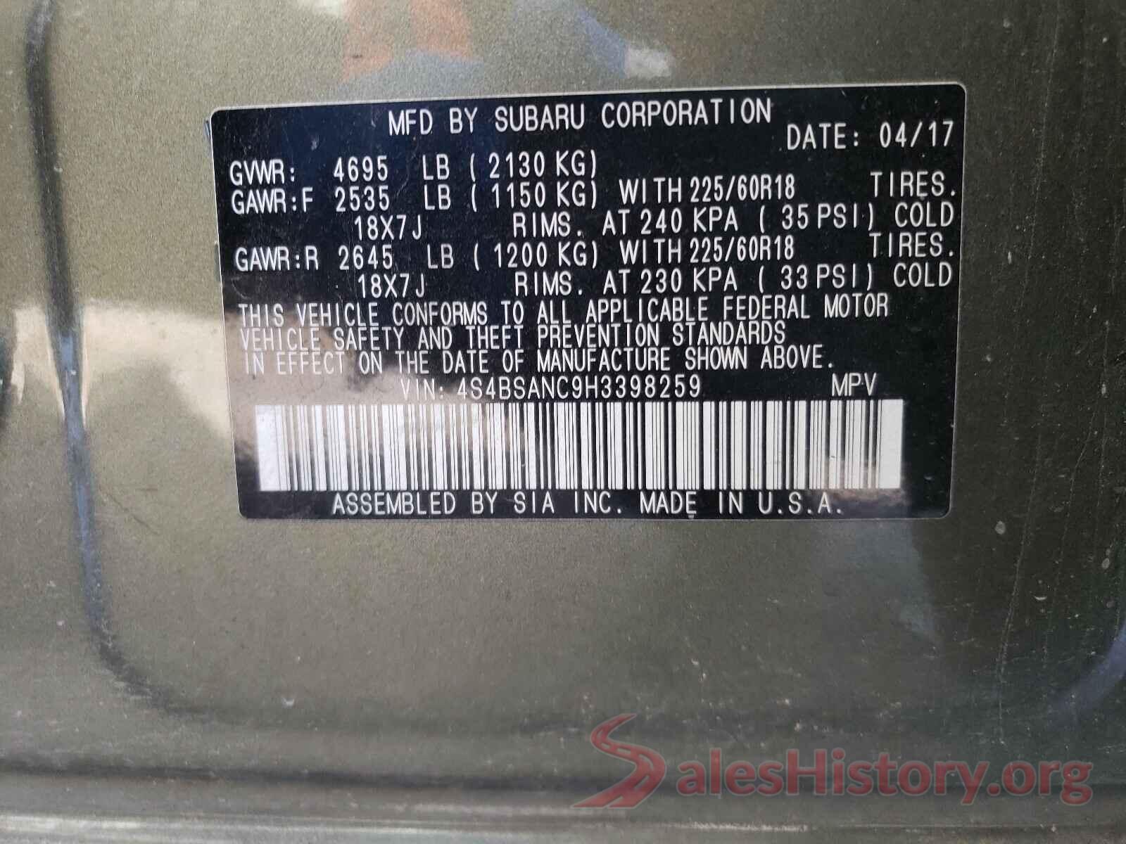 4S4BSANC9H3398259 2017 SUBARU OUTBACK