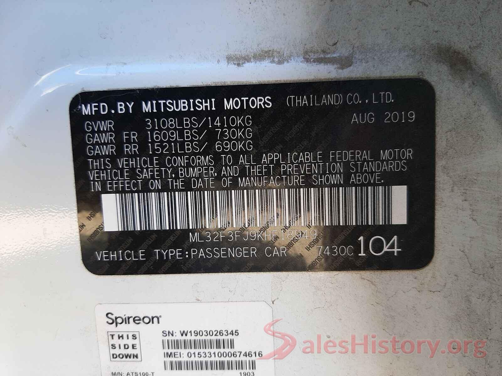 ML32F3FJ9KHF18949 2019 MITSUBISHI MIRAGE