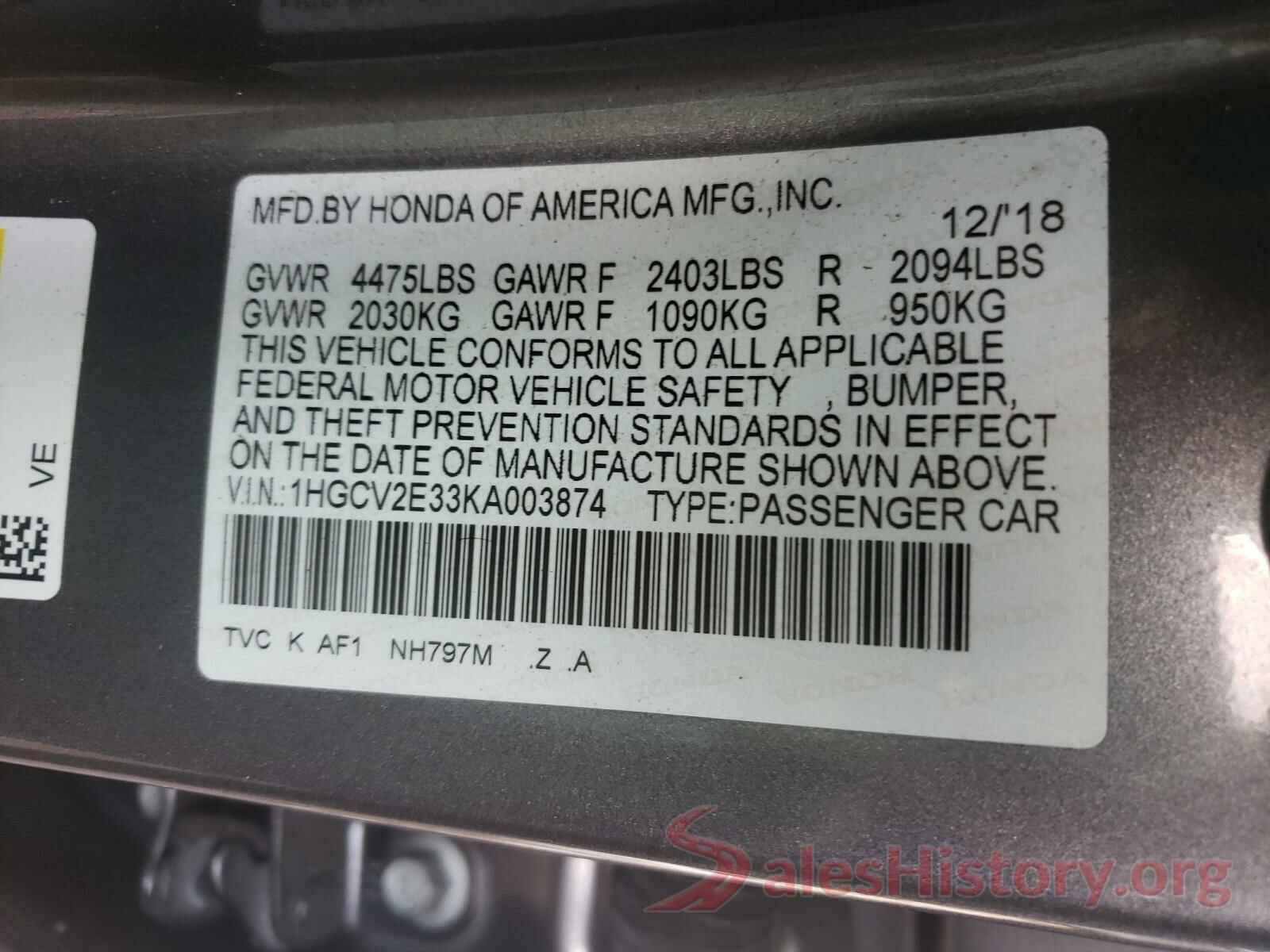 1HGCV2E33KA003874 2019 HONDA ACCORD