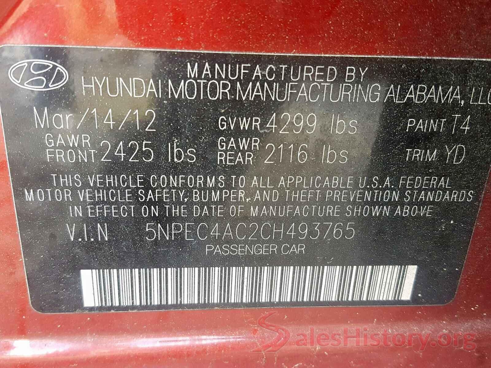 5NPEC4AC2CH493765 2012 HYUNDAI SONATA