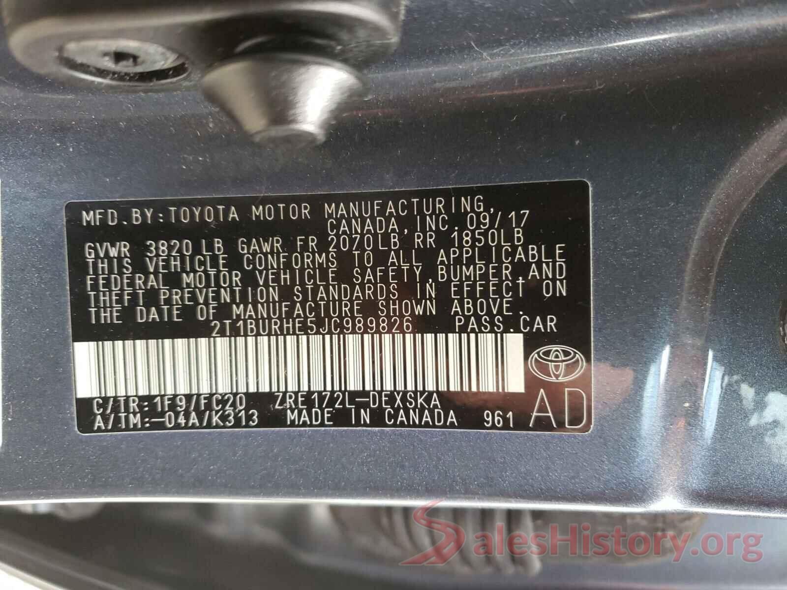 2T1BURHE5JC989826 2018 TOYOTA COROLLA