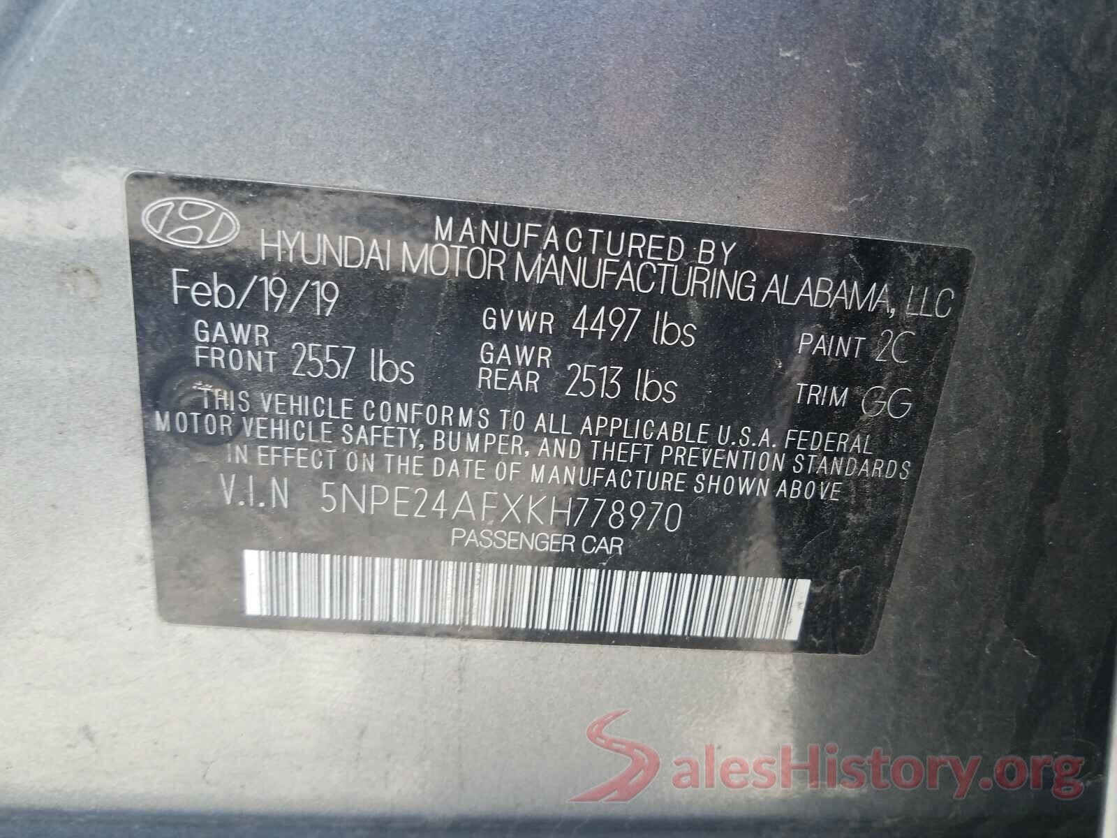 5NPE24AFXKH778970 2019 HYUNDAI SONATA