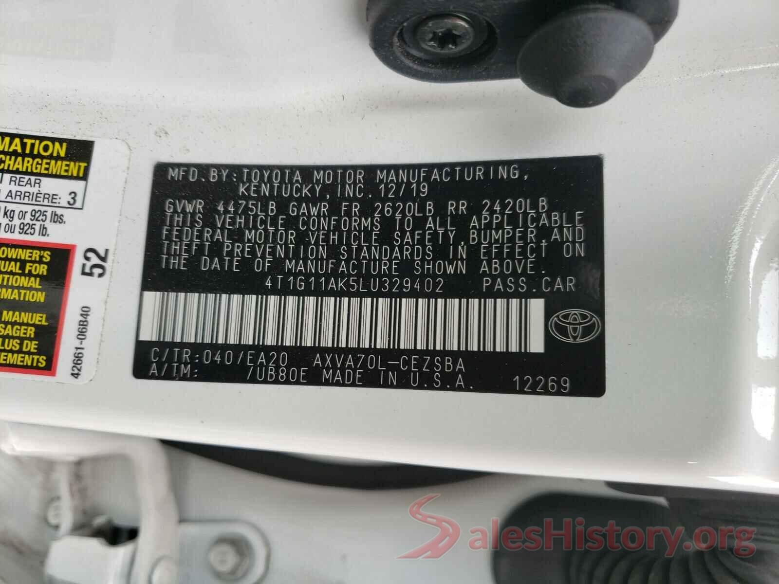 4T1G11AK5LU329402 2020 TOYOTA CAMRY