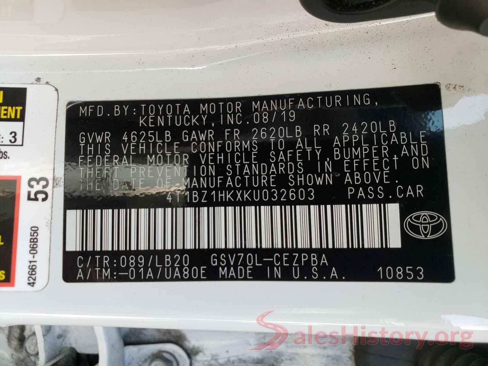 4T1BZ1HKXKU032603 2019 TOYOTA CAMRY