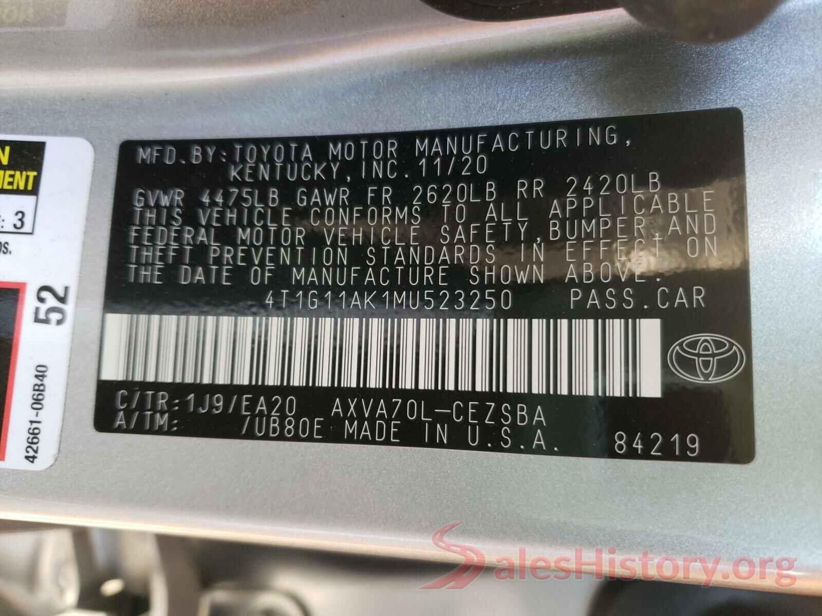 4T1G11AK1MU523250 2021 TOYOTA CAMRY