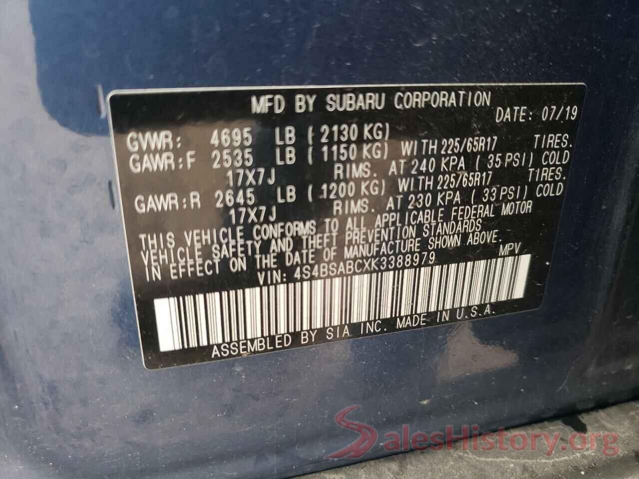 4S4BSABCXK3388979 2019 SUBARU OUTBACK