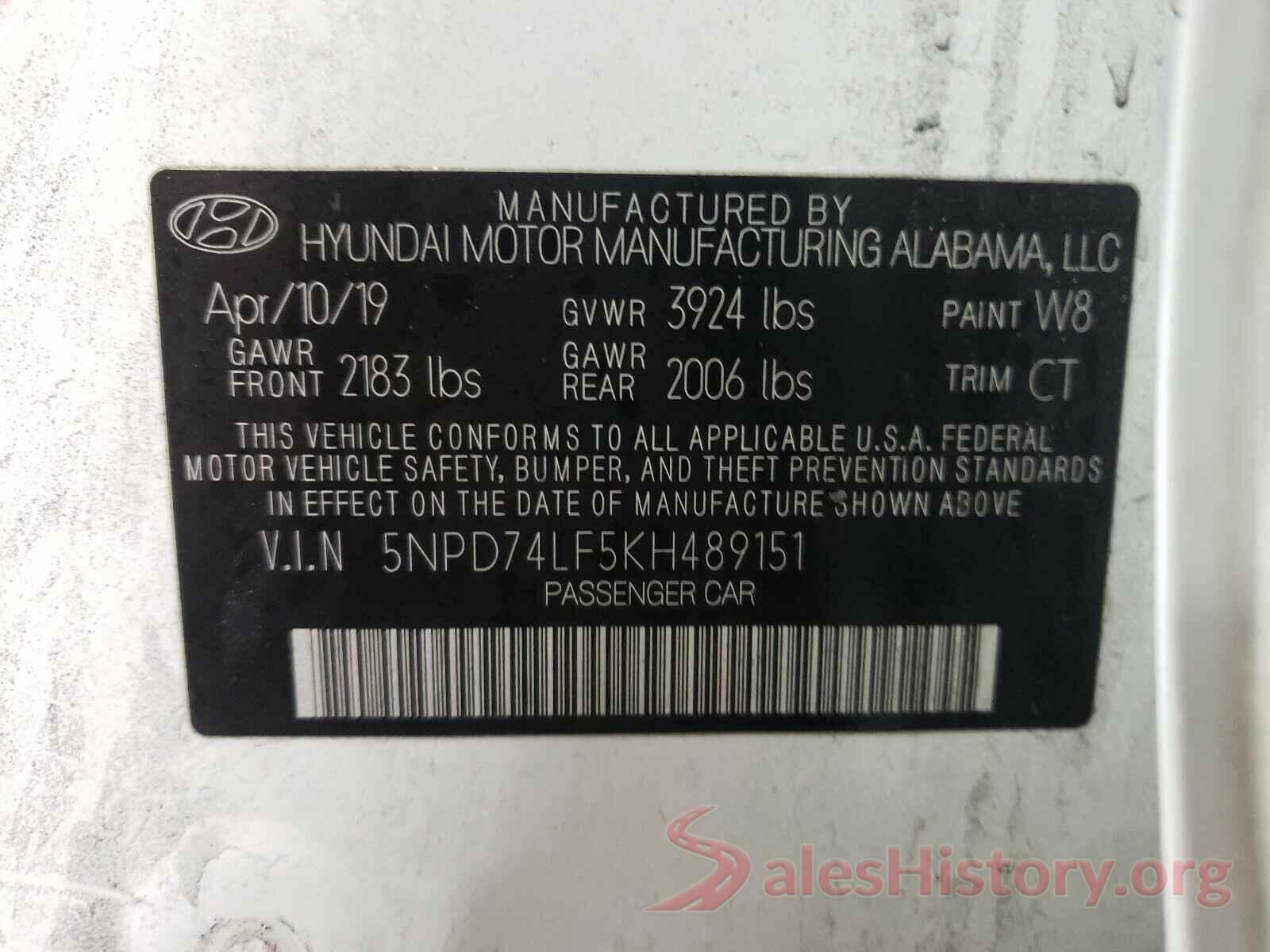 5NPD74LF5KH489151 2019 HYUNDAI ELANTRA