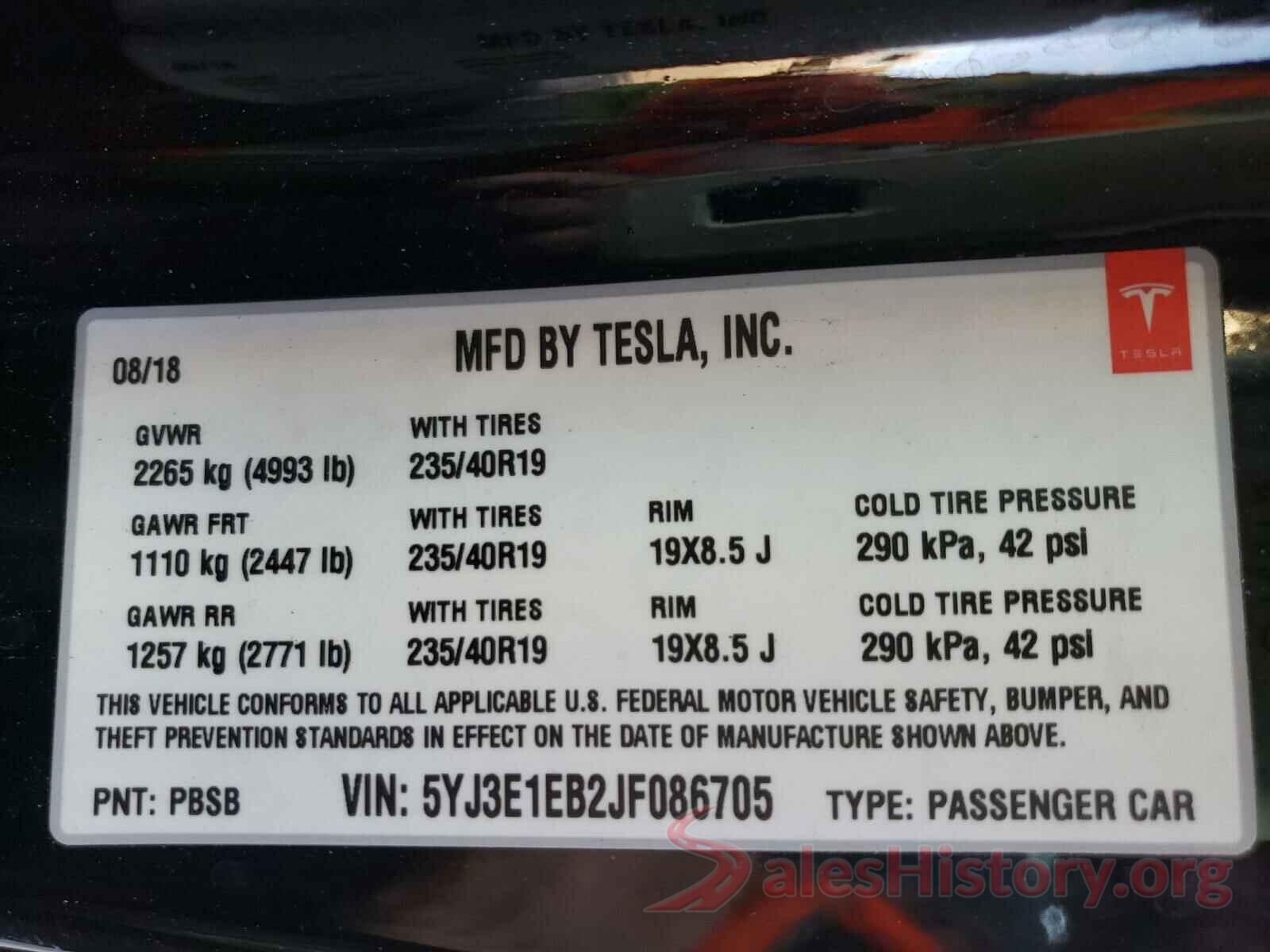 5YJ3E1EB2JF086705 2018 TESLA MODEL 3