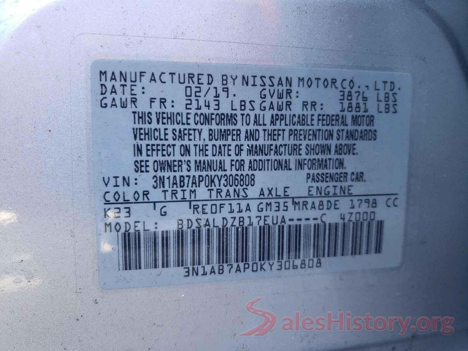 3N1AB7AP0KY306808 2019 NISSAN SENTRA