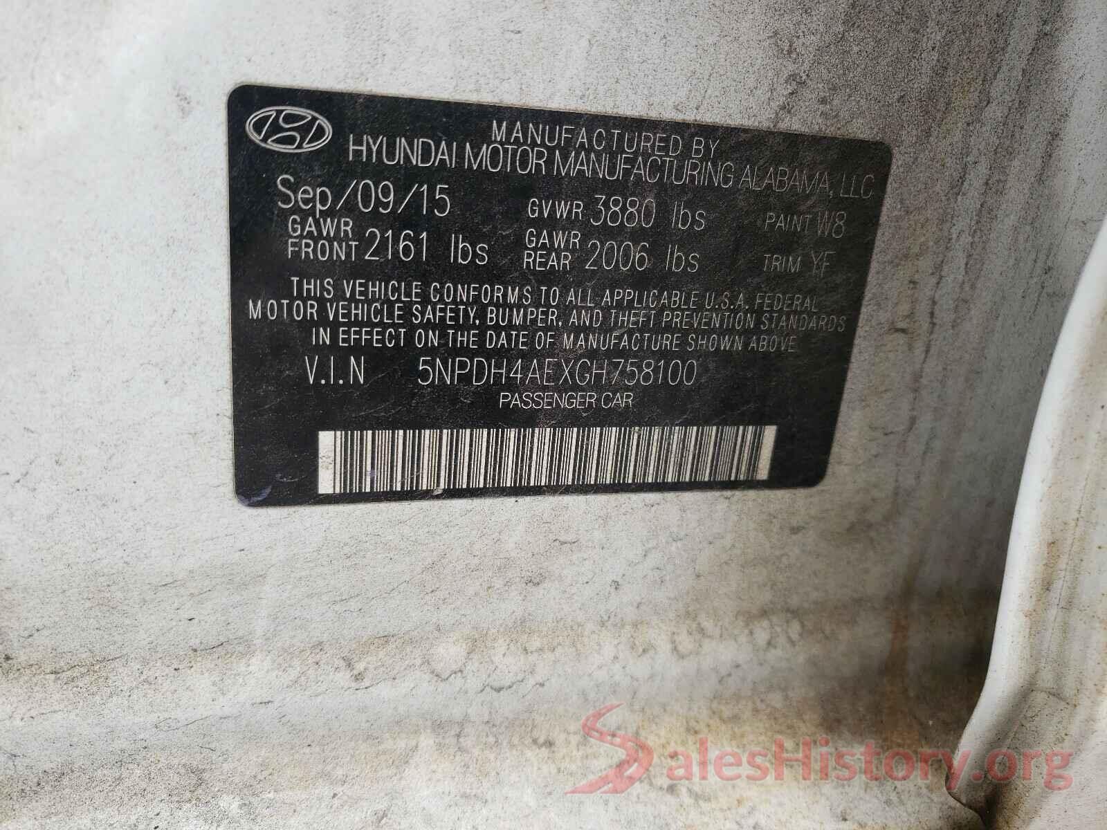 5NPDH4AEXGH758100 2016 HYUNDAI ELANTRA