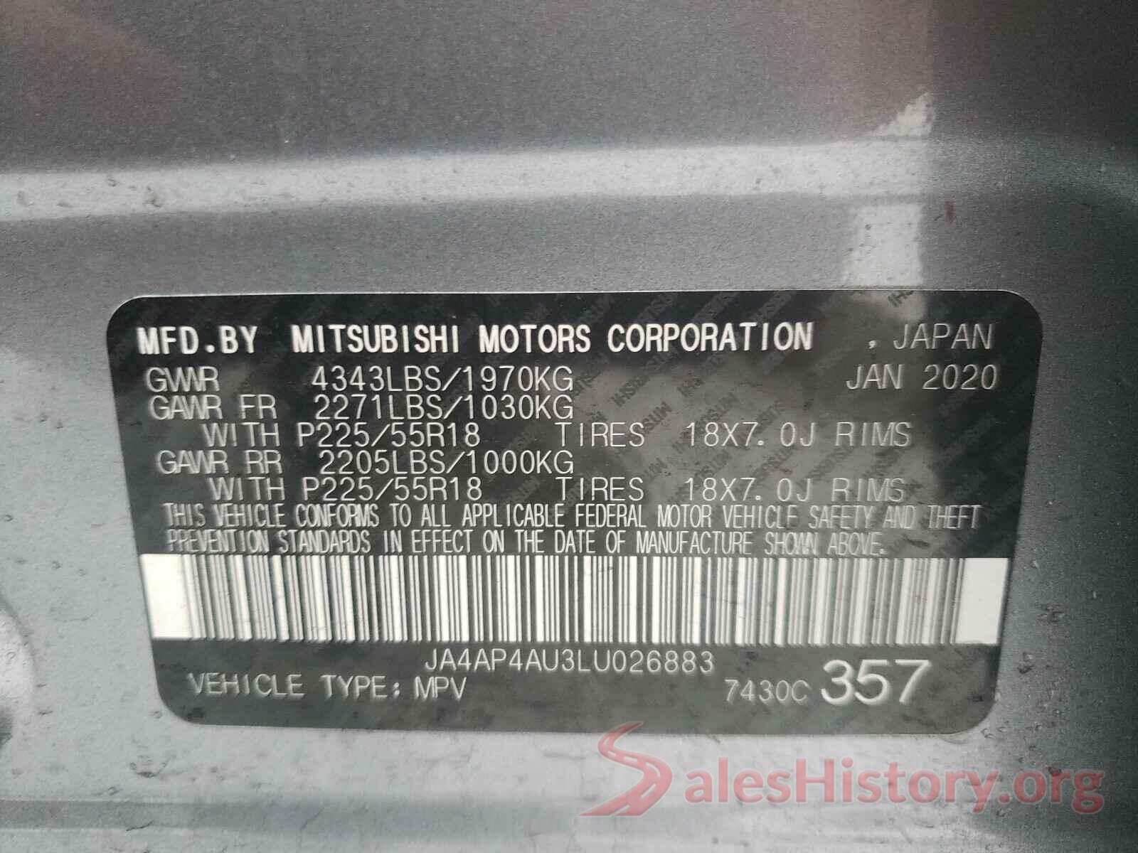 JA4AP4AU3LU026883 2020 MITSUBISHI OUTLANDER