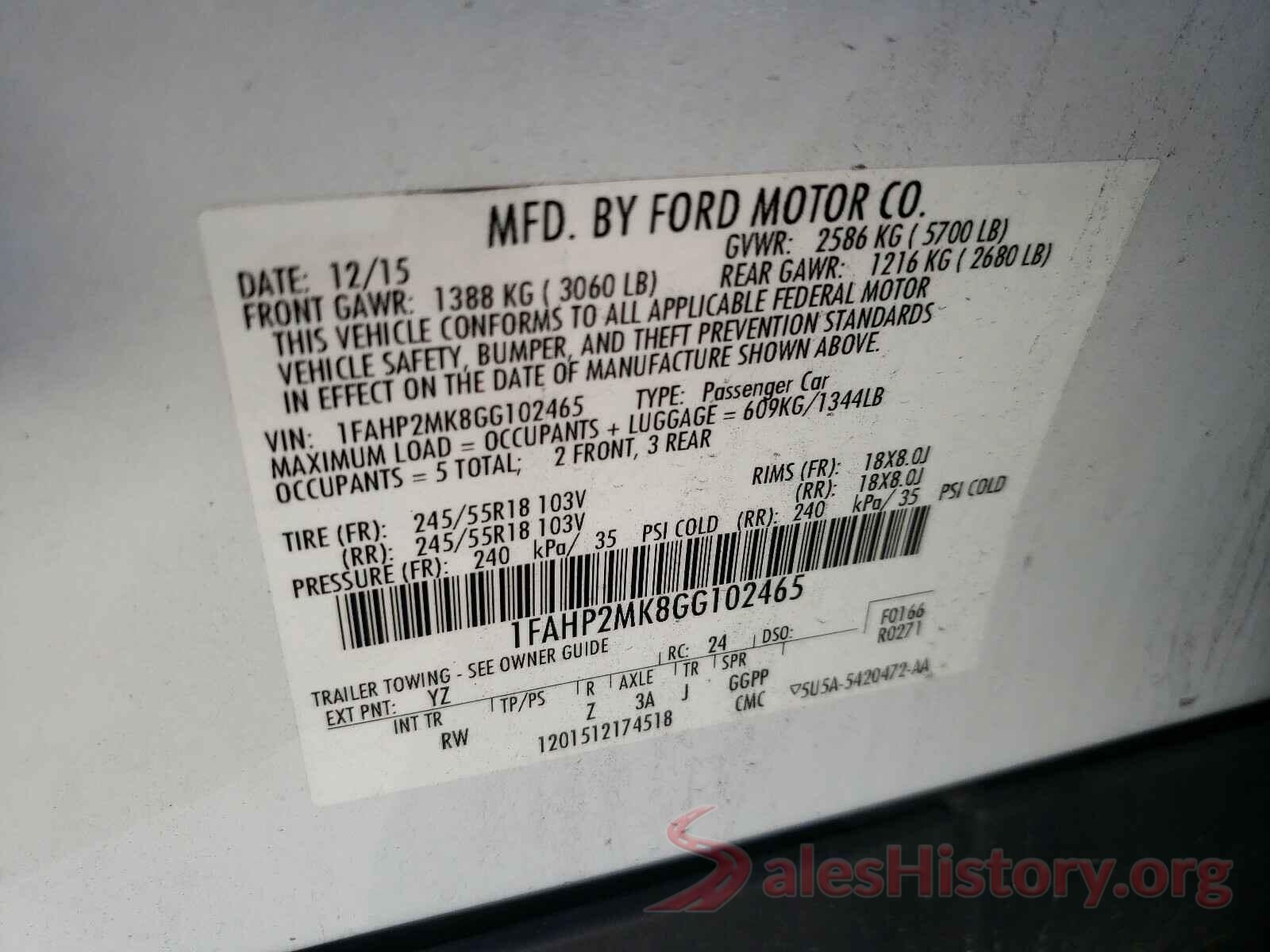 1FAHP2MK8GG102465 2016 FORD TAURUS