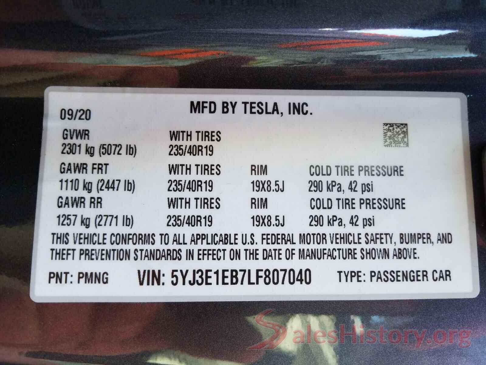 5YJ3E1EB7LF807040 2020 TESLA MODEL 3