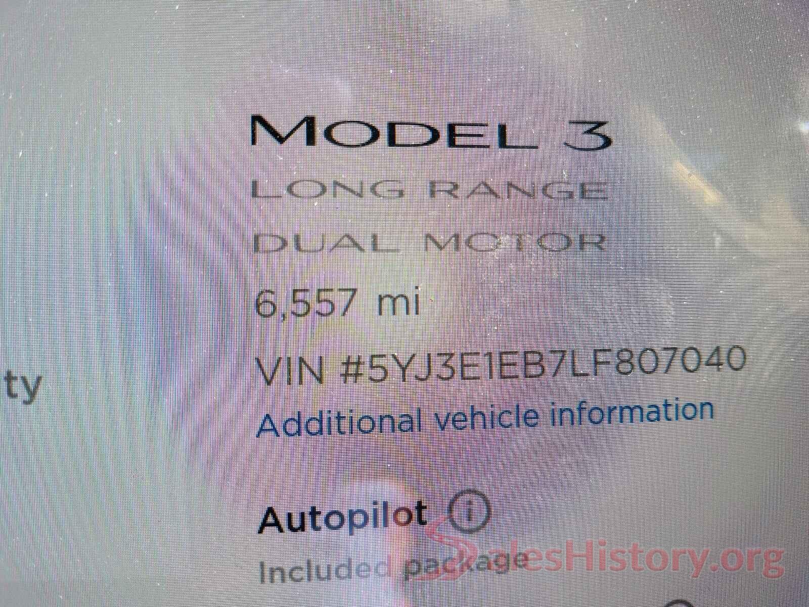 5YJ3E1EB7LF807040 2020 TESLA MODEL 3