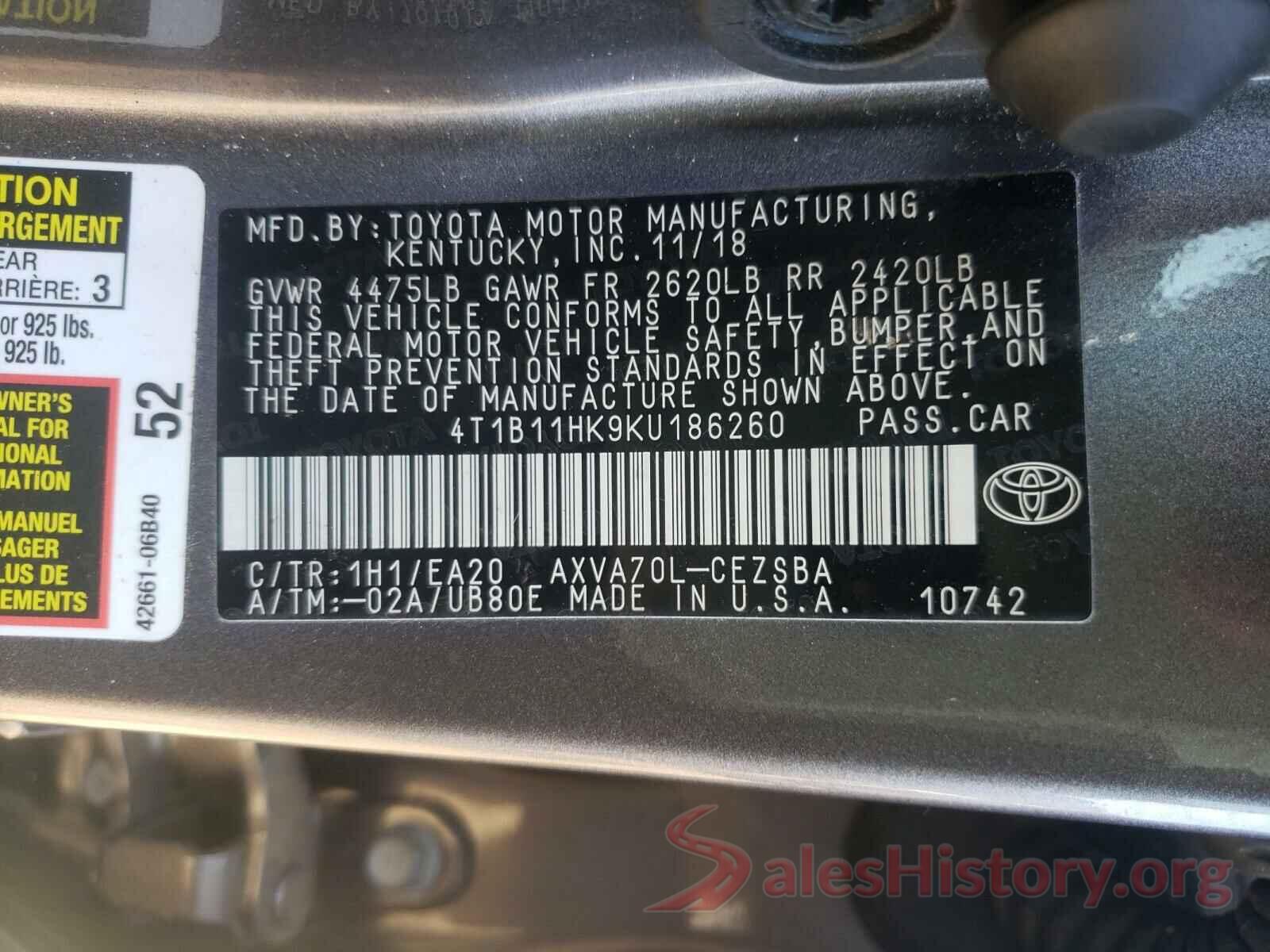 4T1B11HK9KU186260 2019 TOYOTA CAMRY