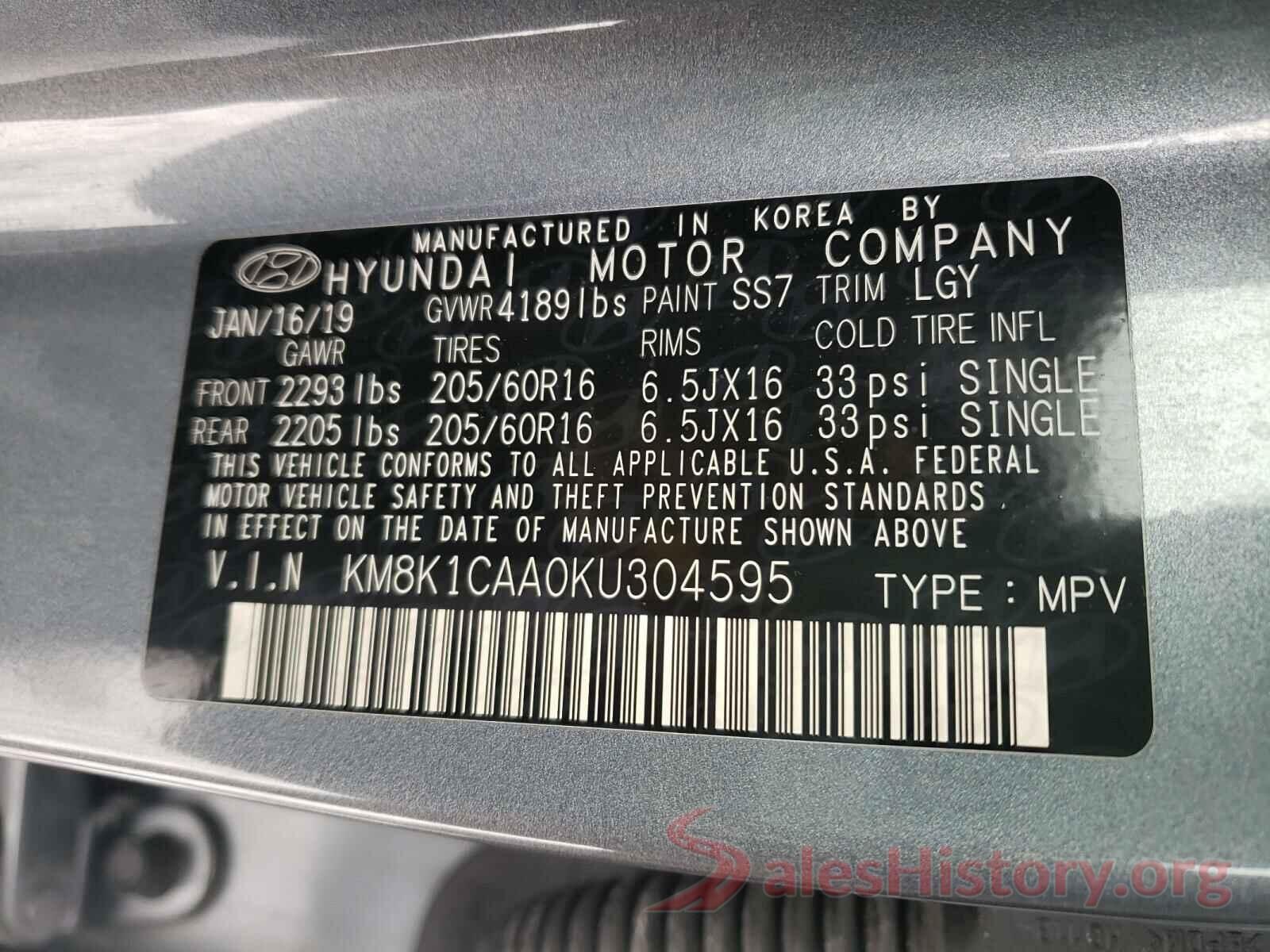 KM8K1CAA0KU304595 2019 HYUNDAI KONA