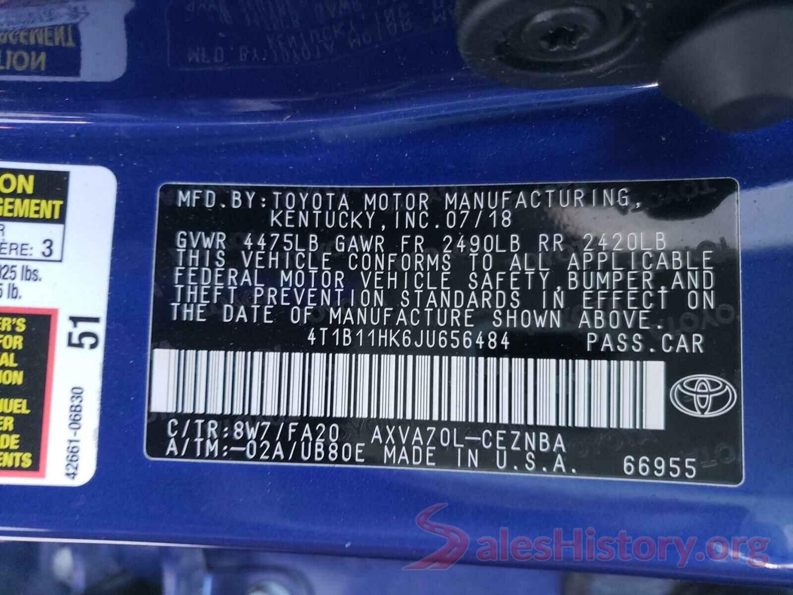 4T1B11HK6JU656484 2018 TOYOTA CAMRY